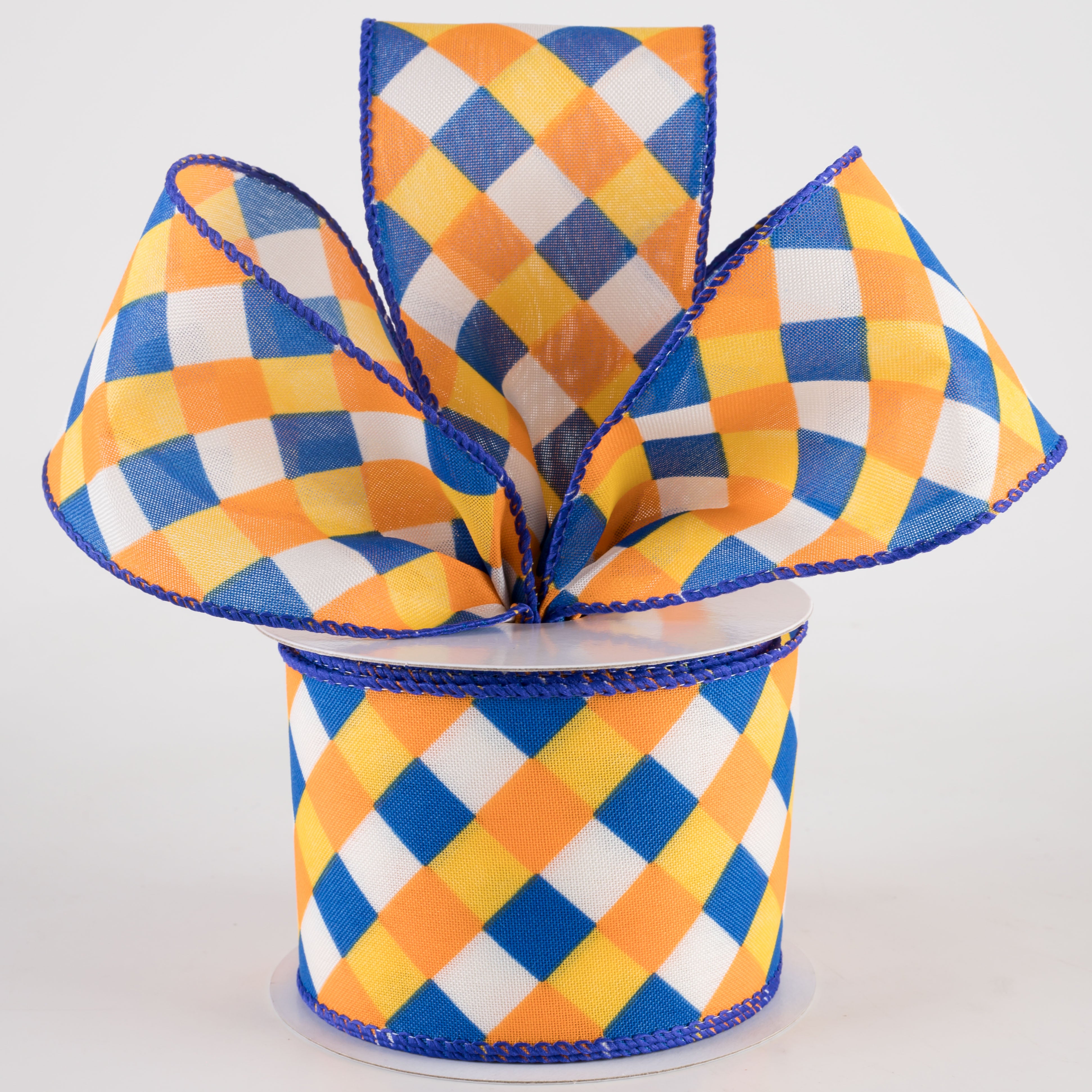 2.5" Diagonal Stripes Ribbon: Royal, Orange & Sunflower on Ivory (10 Yards) Lifestyle Photo
