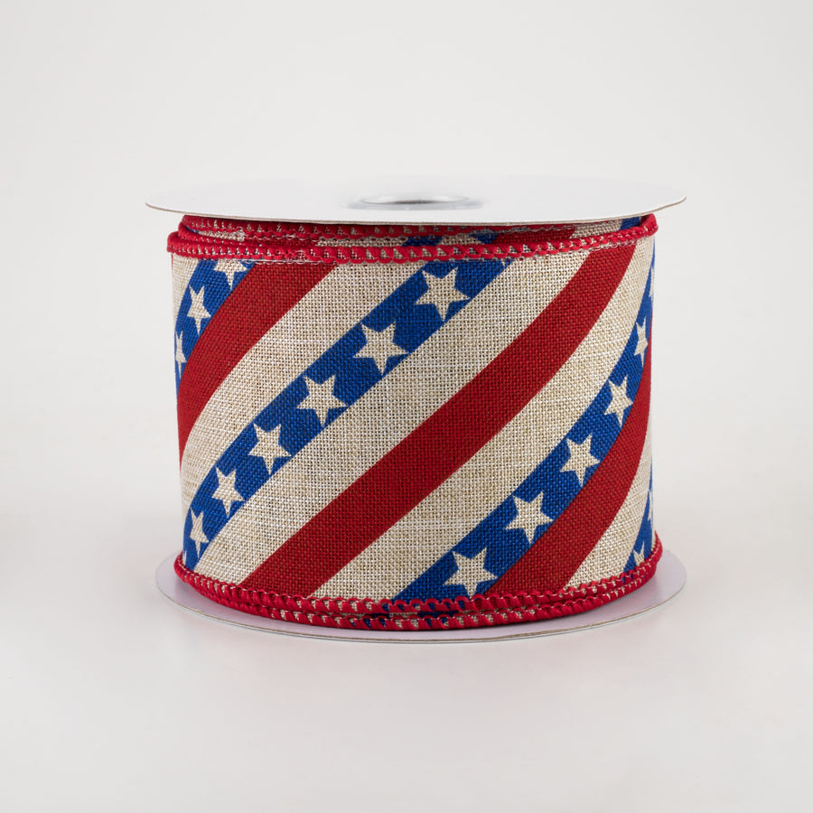 2.5" Diagonal Stripes with Stars Ribbon: Light Natural (10 Yards)