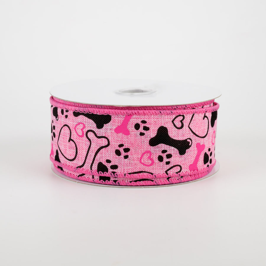 1.5" Dog Bone, Paw, Heart Ribbon: Pink (10 Yards)
