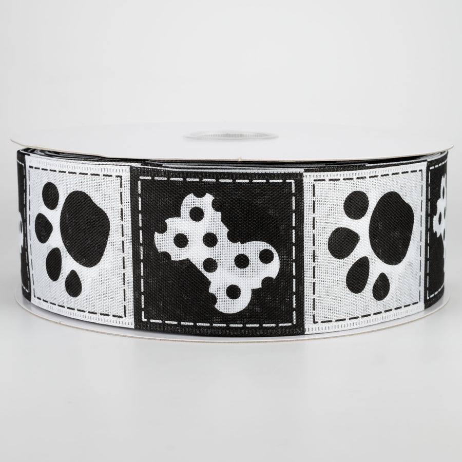 2.5" Doggie Paw Prints Bones Ribbon: Black & White (50 Yards)