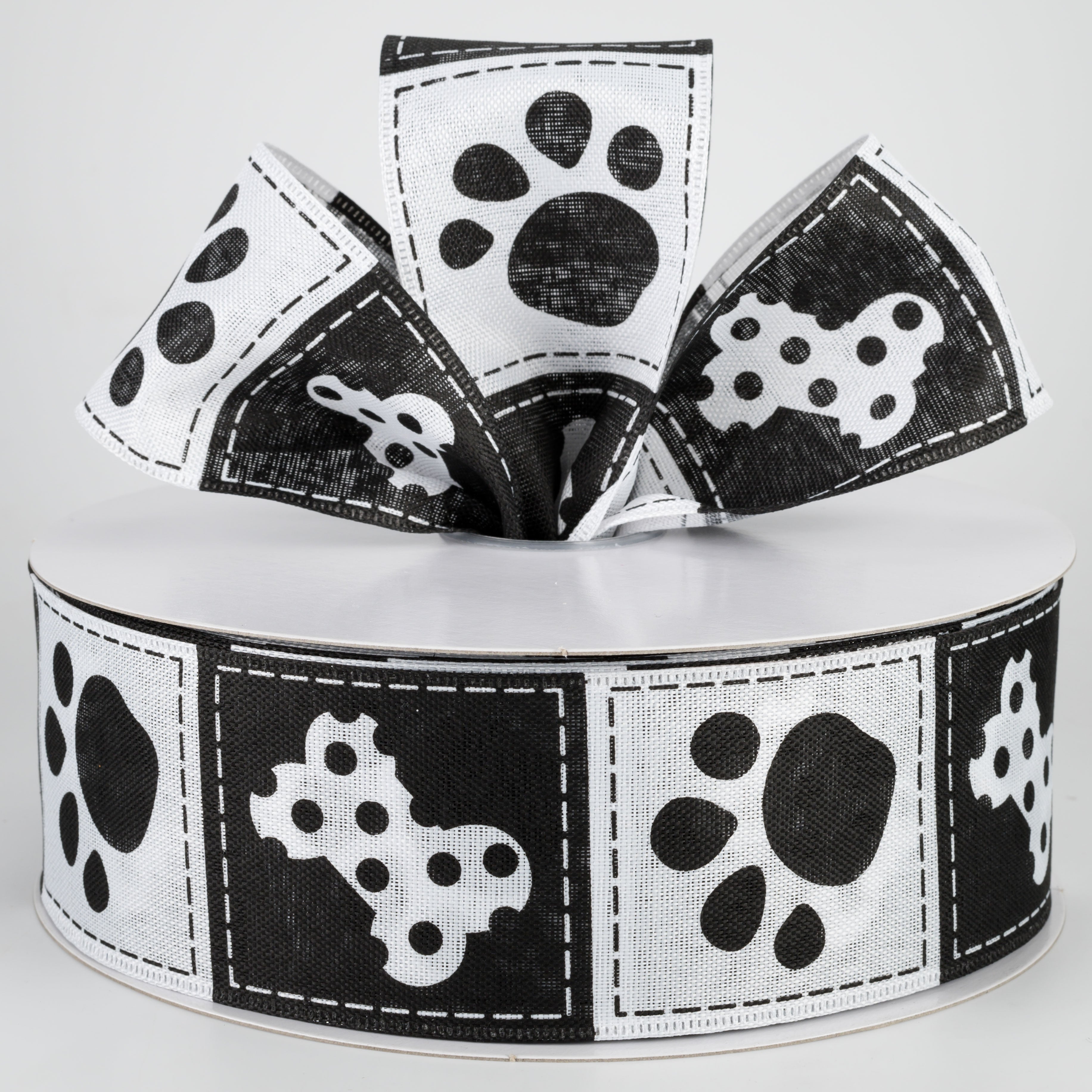 2.5" Doggie Paw Prints Bones Ribbon: Black & White (50 Yards) Lifestyle Photo