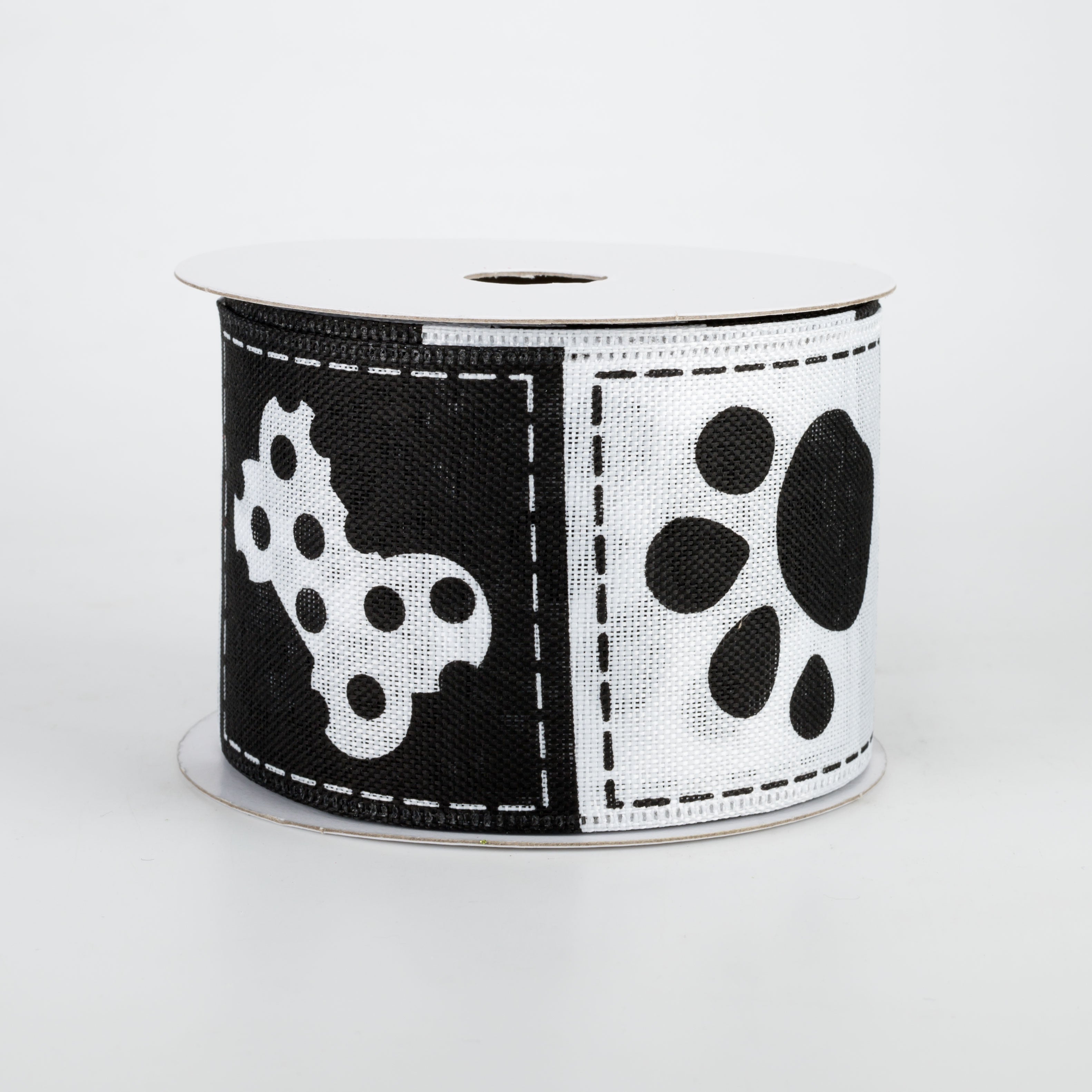 2.5" Doggie Paw Prints Bones Ribbon: Black & White (10 Yards)