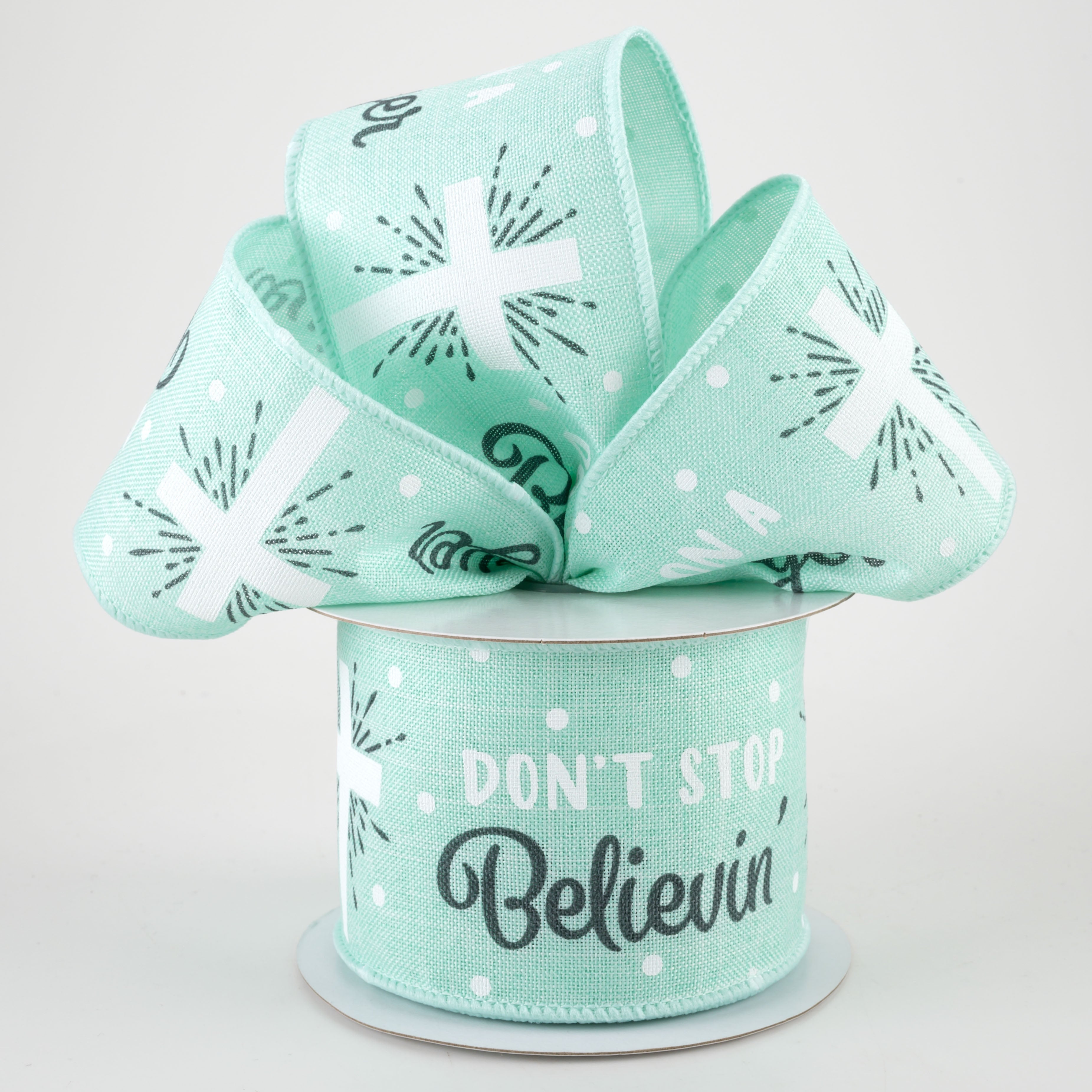 2.5" Don't Stop Believin' Cross Ribbon: Mint Green (10 Yards) Lifestyle Photo
