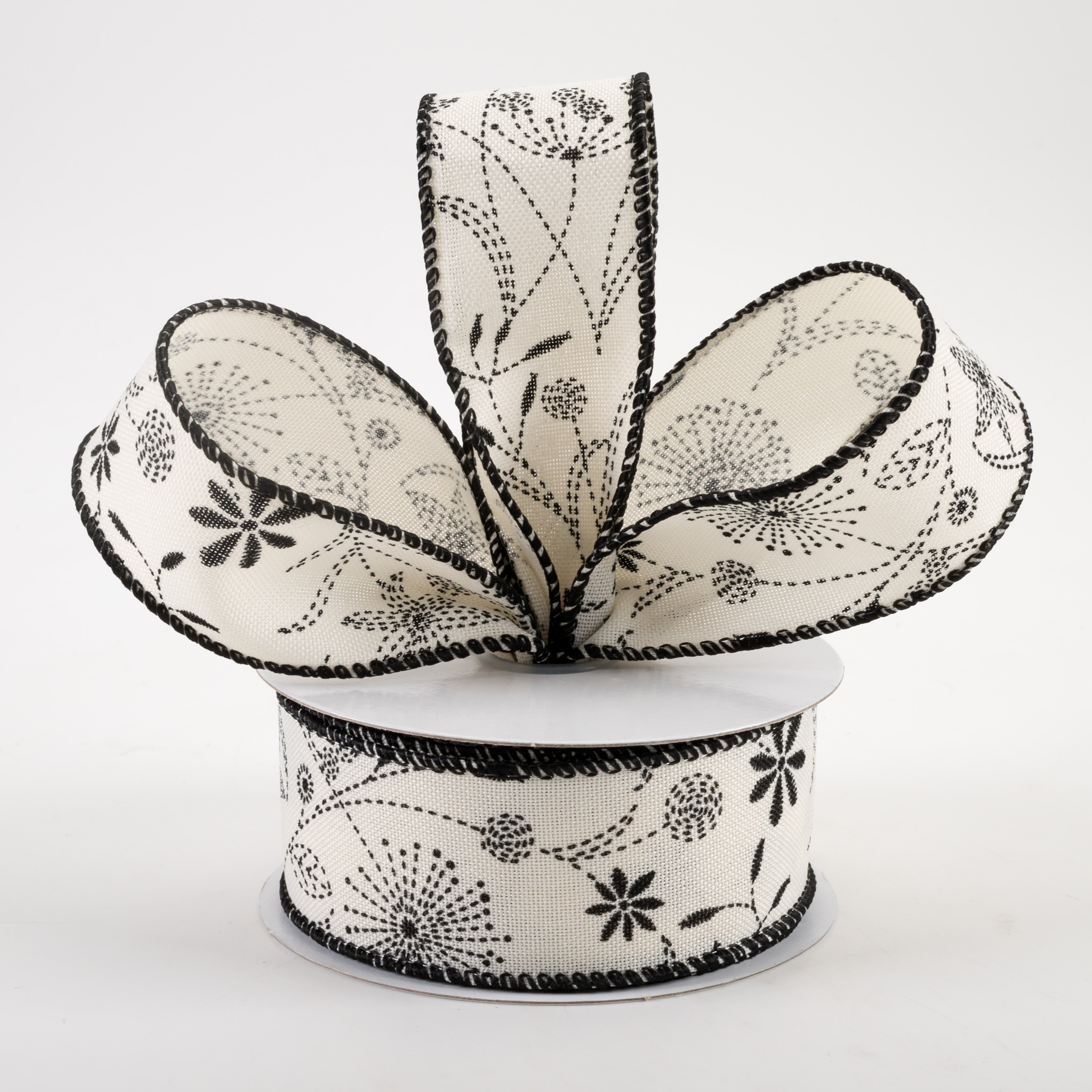 1.5" Doodle Flowers Linen Ribbon: Ivory & Black (10 Yards) Lifestyle Photo
