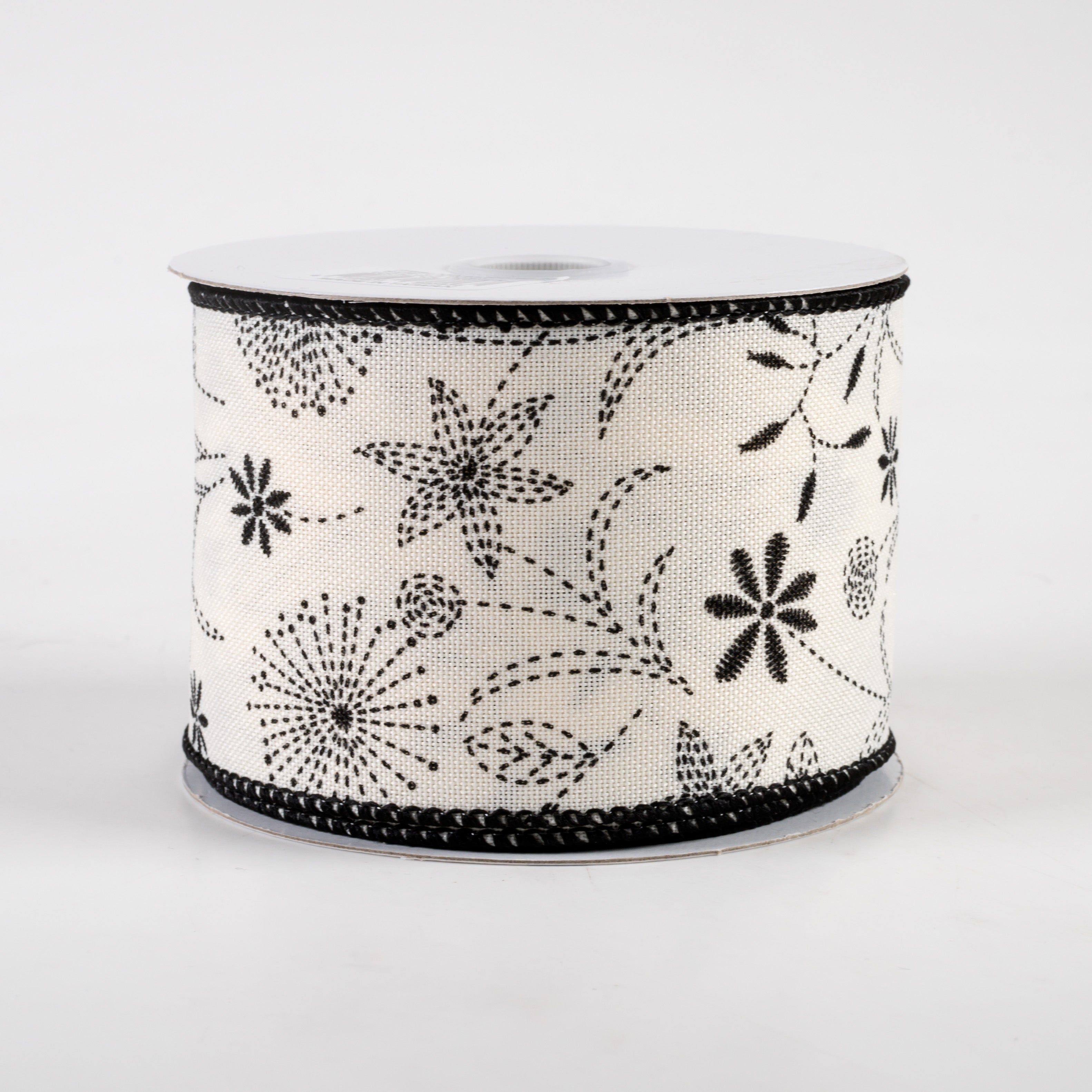 2.5" Doodle Flowers Linen Ribbon: Ivory & Black (10 Yards)