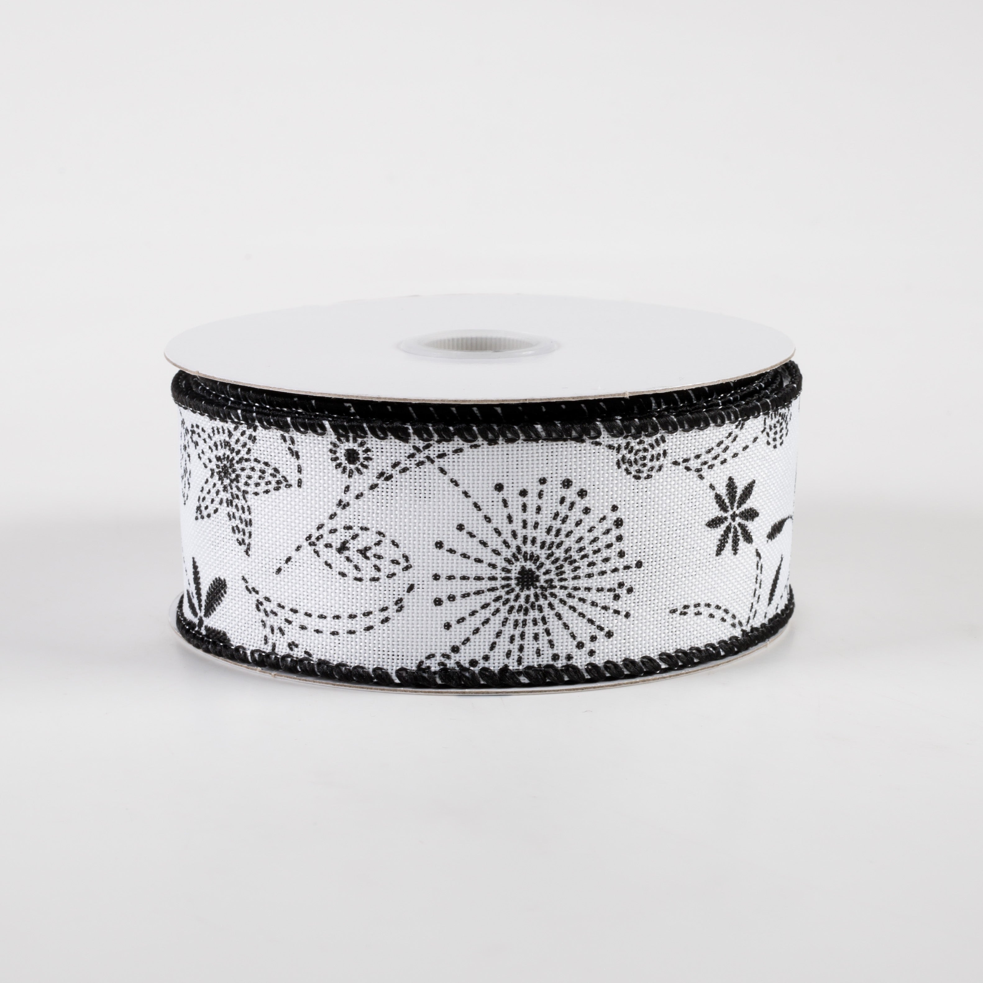 1.5" Doodle Flowers Linen Ribbon: White & Black (10 Yards)