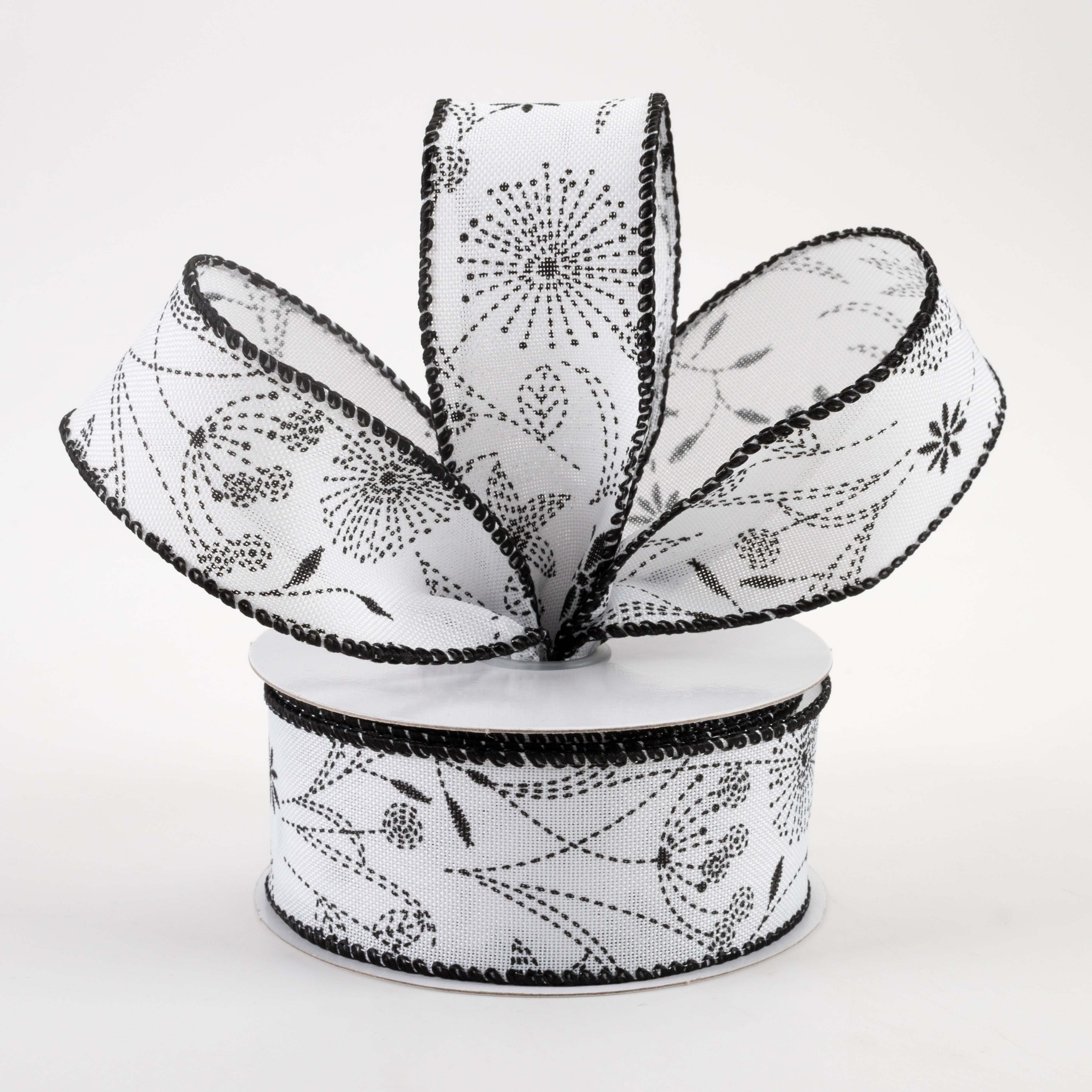 1.5" Doodle Flowers Linen Ribbon: White & Black (10 Yards) Lifestyle Photo