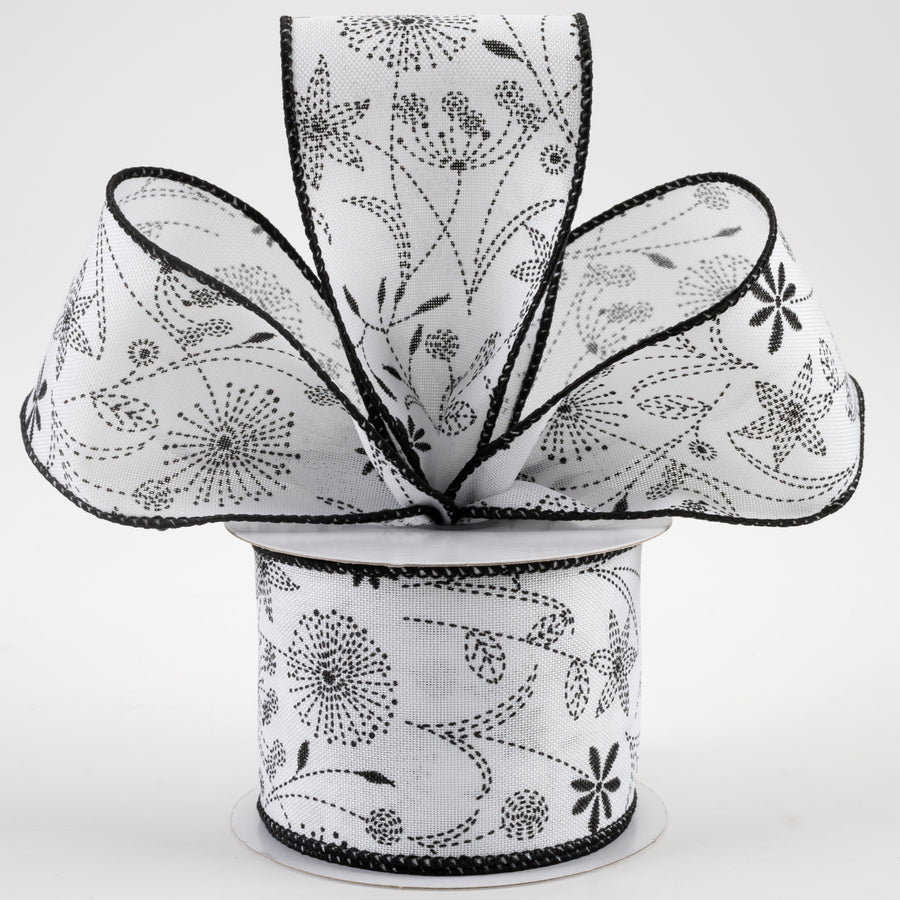2.5" Doodle Flowers Linen Ribbon: White & Black (10 Yards) Lifestyle Photo