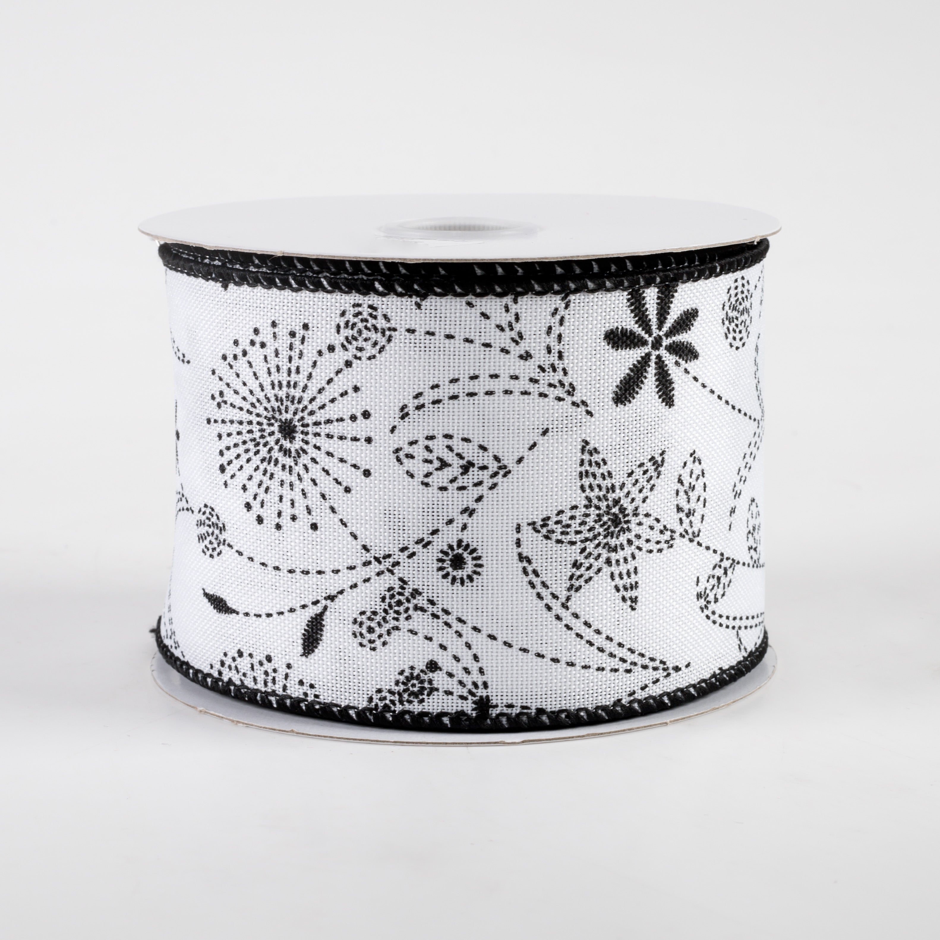 2.5" Doodle Flowers Linen Ribbon: White & Black (10 Yards)