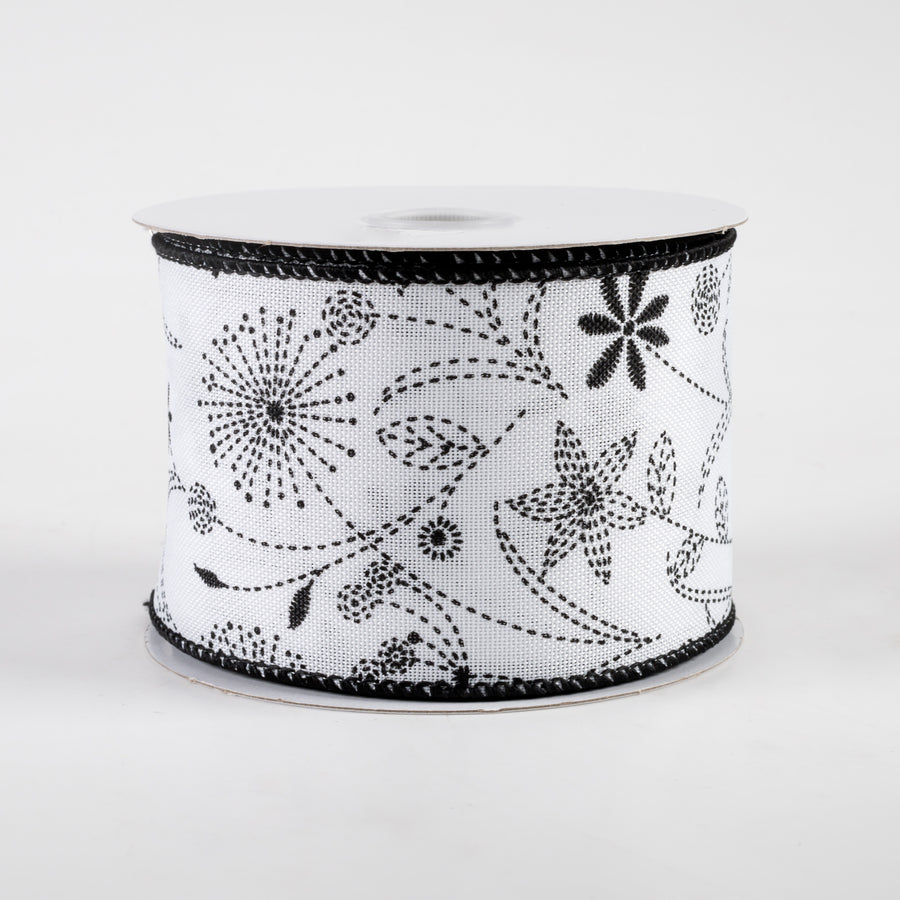 2.5" Doodle Flowers Linen Ribbon: White & Black (10 Yards)