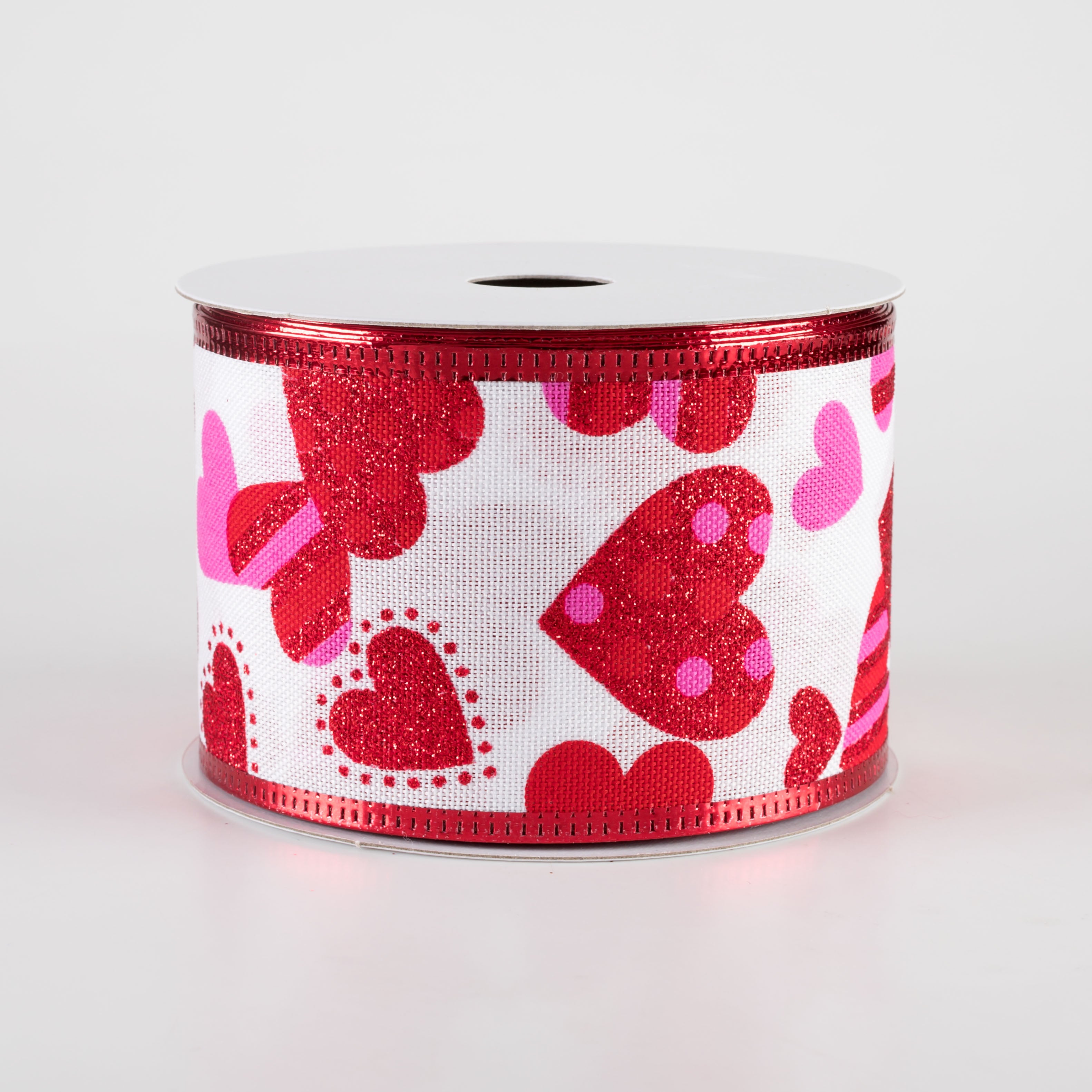2.5" Dot & Stripe Hearts Linen Ribbon: White, Red, Pink (10 Yards) Item Number: 15403-40-28