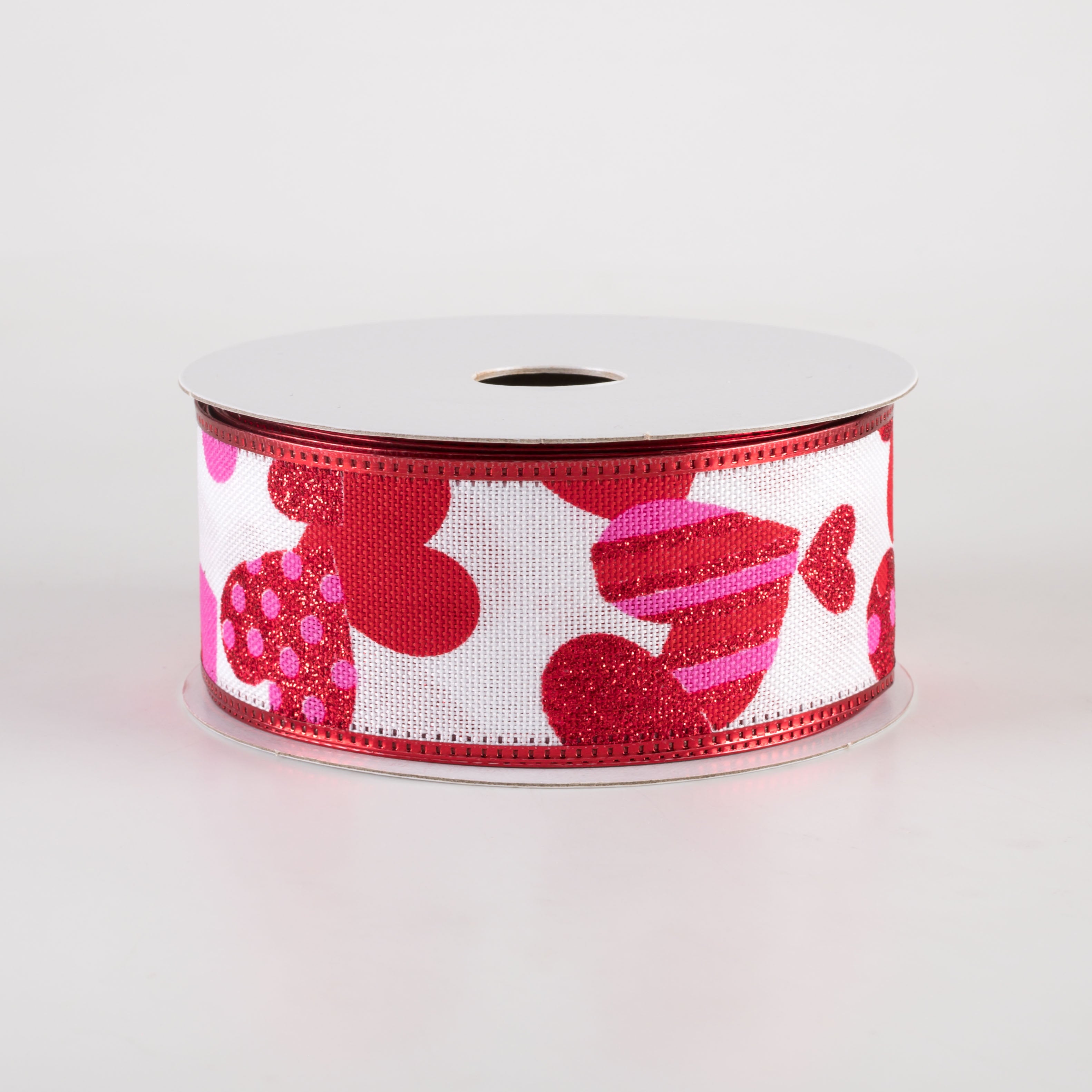 1.5" Dot & Stripe Hearts Linen Ribbon: White, Red, Pink (10 Yards) Item Number: 15403-09-28