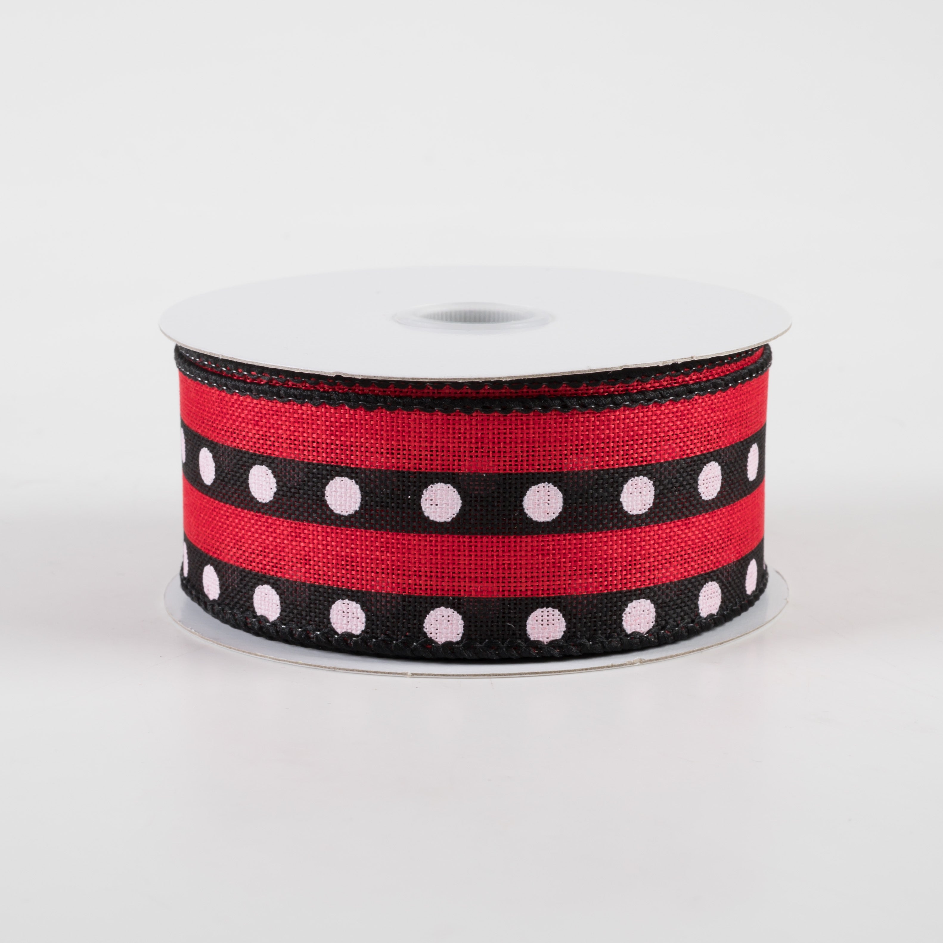 1.5" Dot Stripe Linen Ribbon: Black, Red, White (10 Yards)