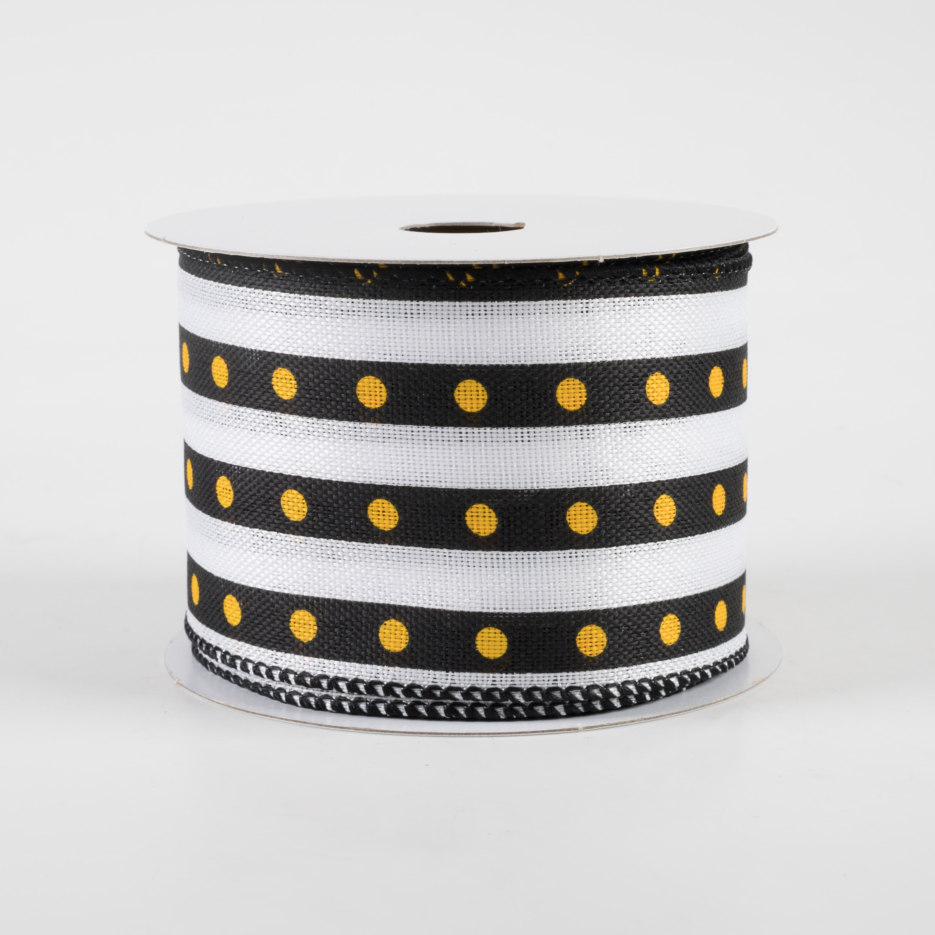 2.5" Dot Stripe Linen Ribbon: Black, White, Yellow (10 Yards)