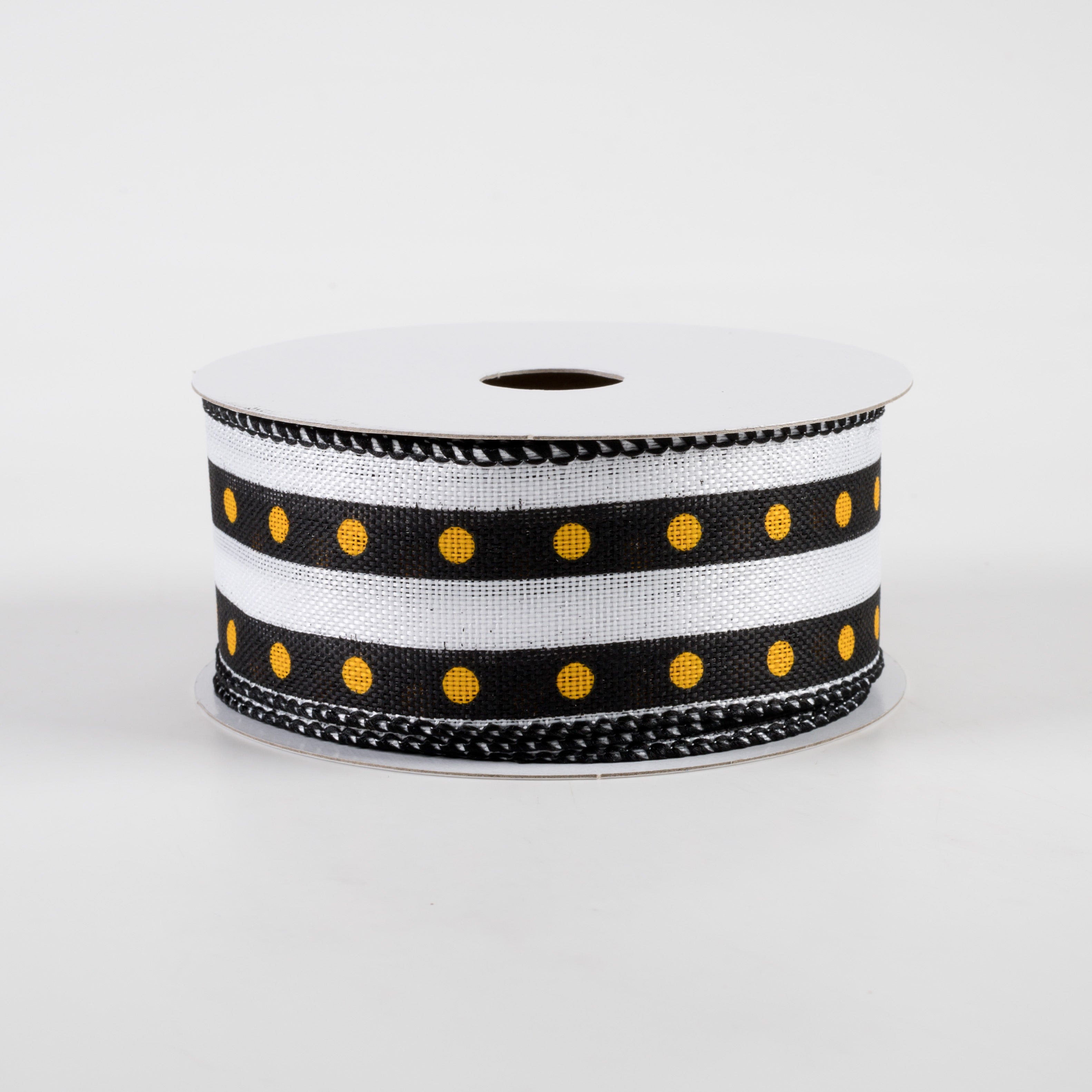 1.5" Dot Stripe Linen Ribbon: Black, White, Yellow (10 Yards)