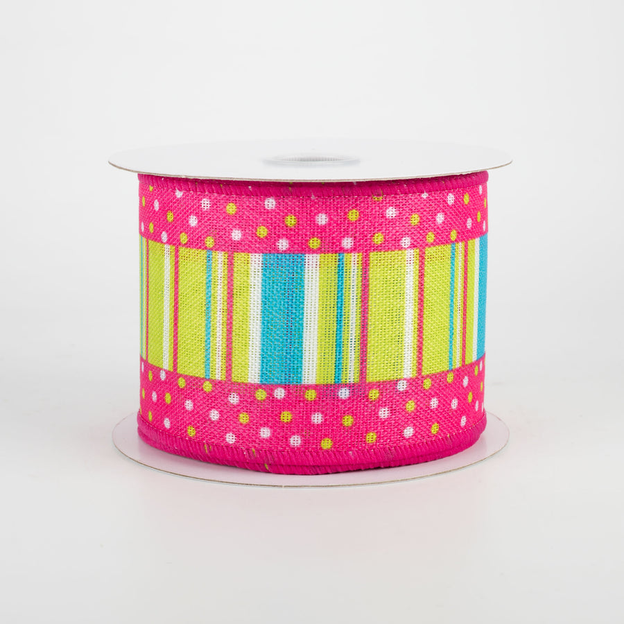 2.5" Dots Edge Spring Stripes Ribbon: Fuchsia (10 Yards)