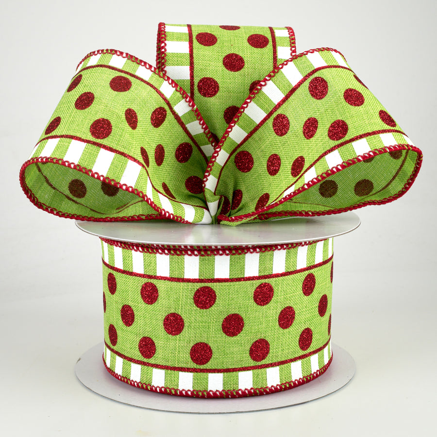 2.5" Dots & Stripes Glitter Ribbon: Lime Green, White & Red (10 Yards) Lifestyle Photo