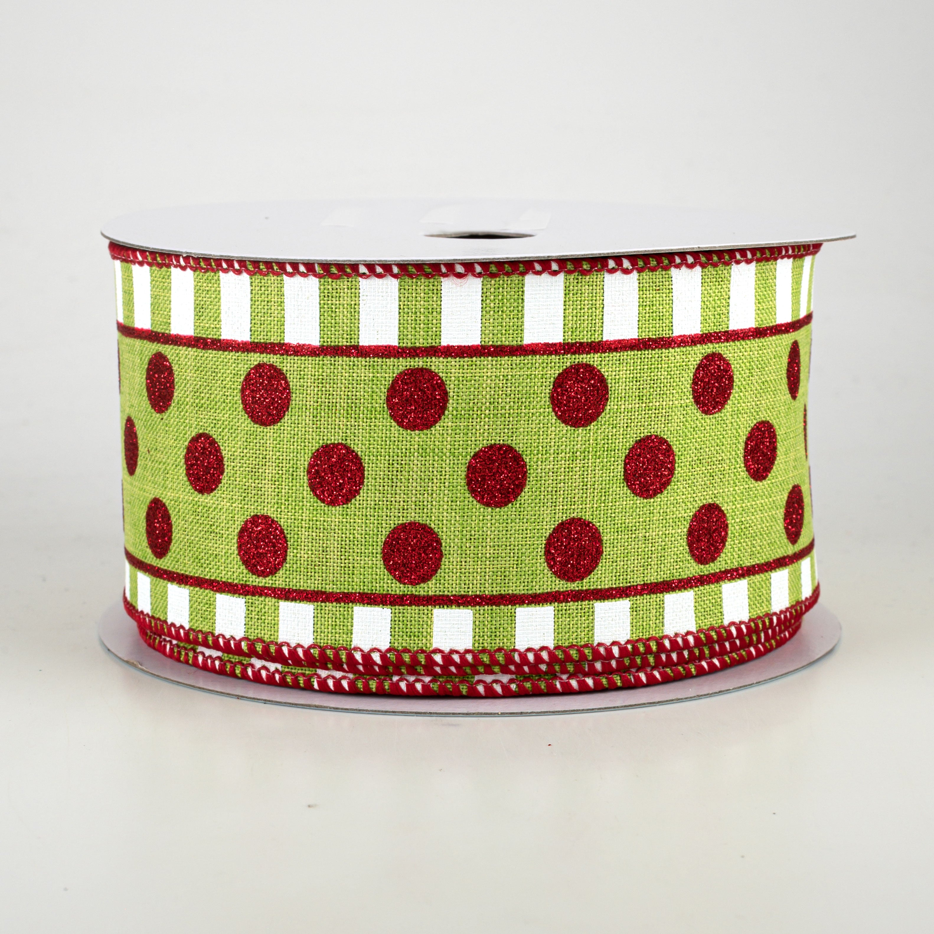 2.5" Dots & Stripes Glitter Ribbon: Lime Green, White & Red (10 Yards)
