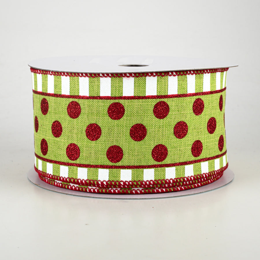 2.5" Dots & Stripes Glitter Ribbon: Lime Green, White & Red (10 Yards)