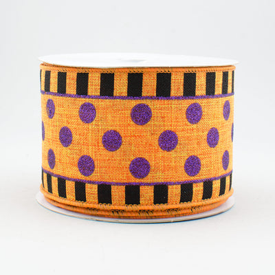 2.5" Dots & Stripes Glitter Ribbon: Orange, Black & Purple (10 Yards)