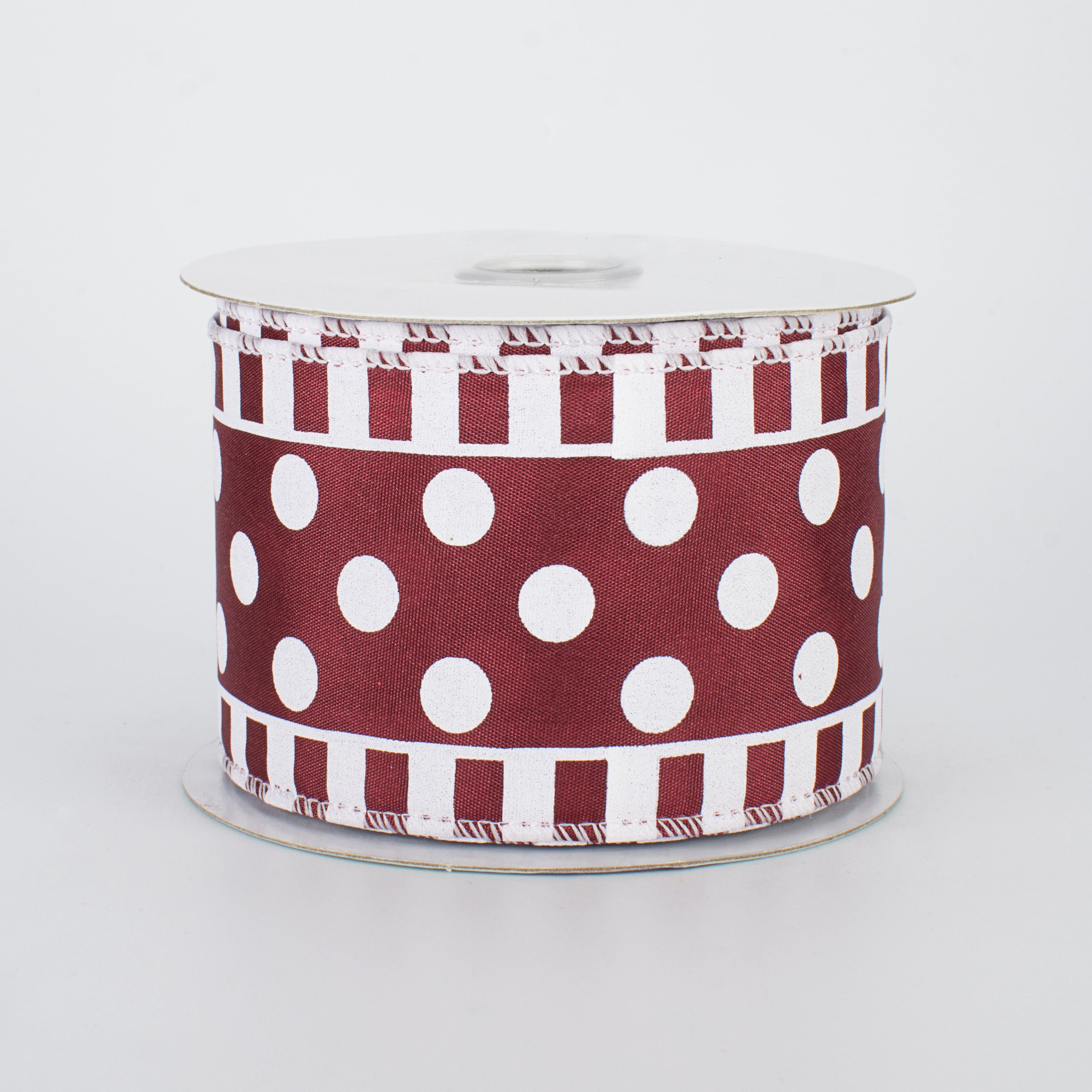 2.5" Dots & Stripes Satin Ribbon: Burgundy & White (10 Yards)