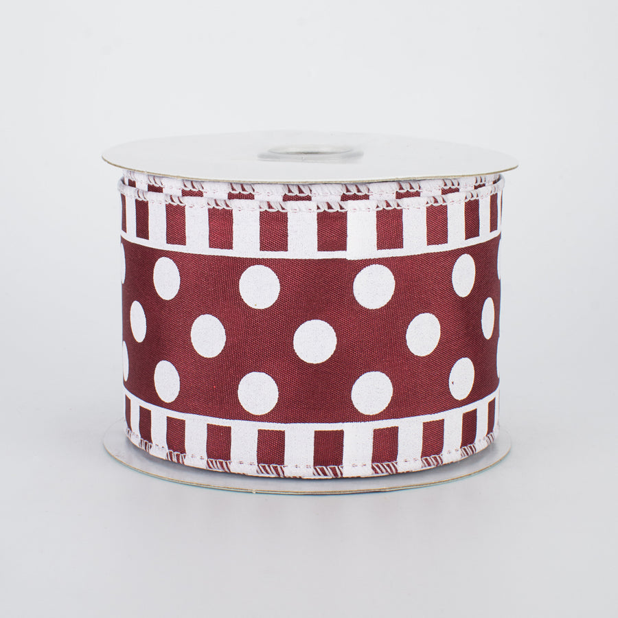 2.5" Dots & Stripes Satin Ribbon: Burgundy & White (10 Yards)