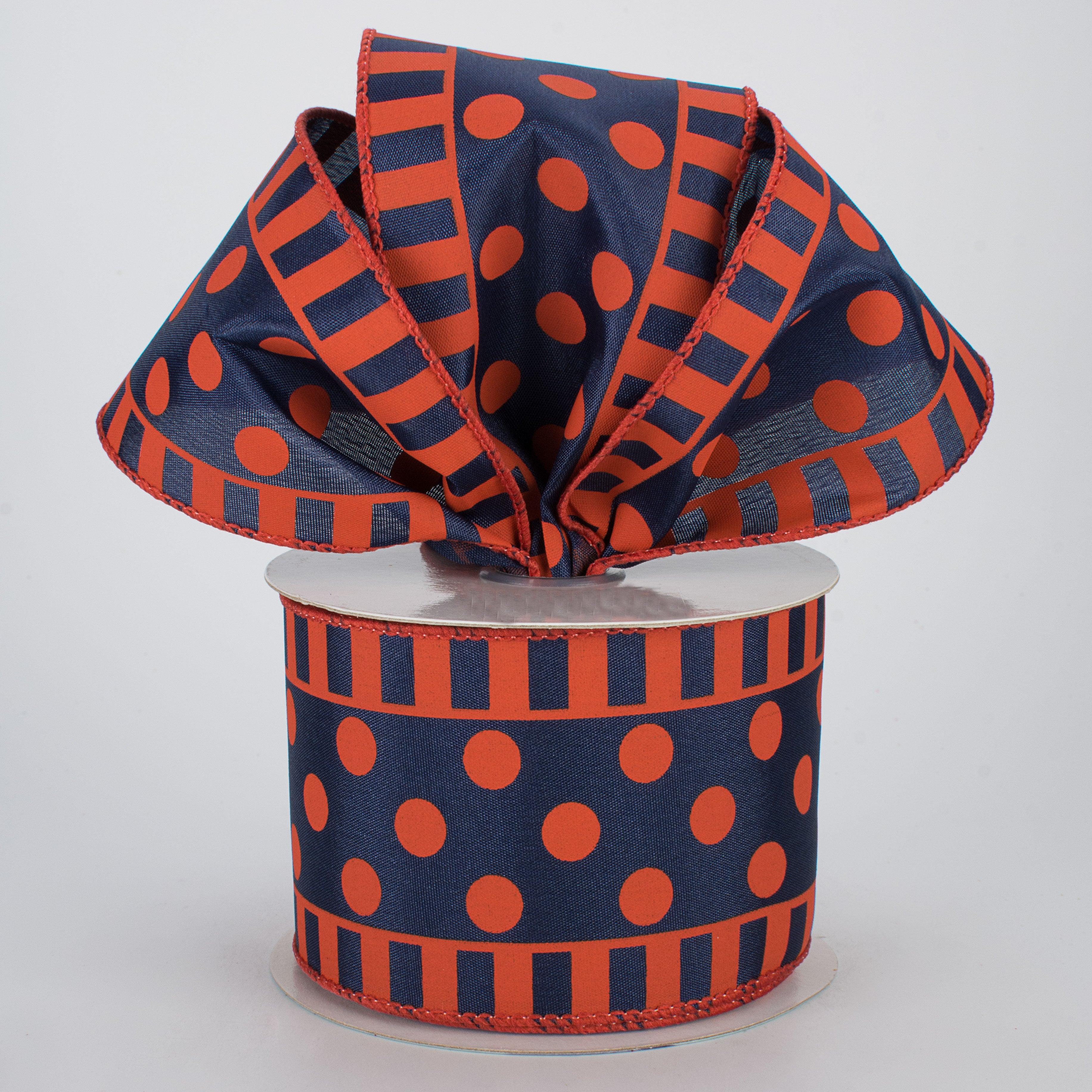 2.5" Dots & Stripes Satin Ribbon: Navy Blue & Orange (10 Yards) Lifestyle Photo