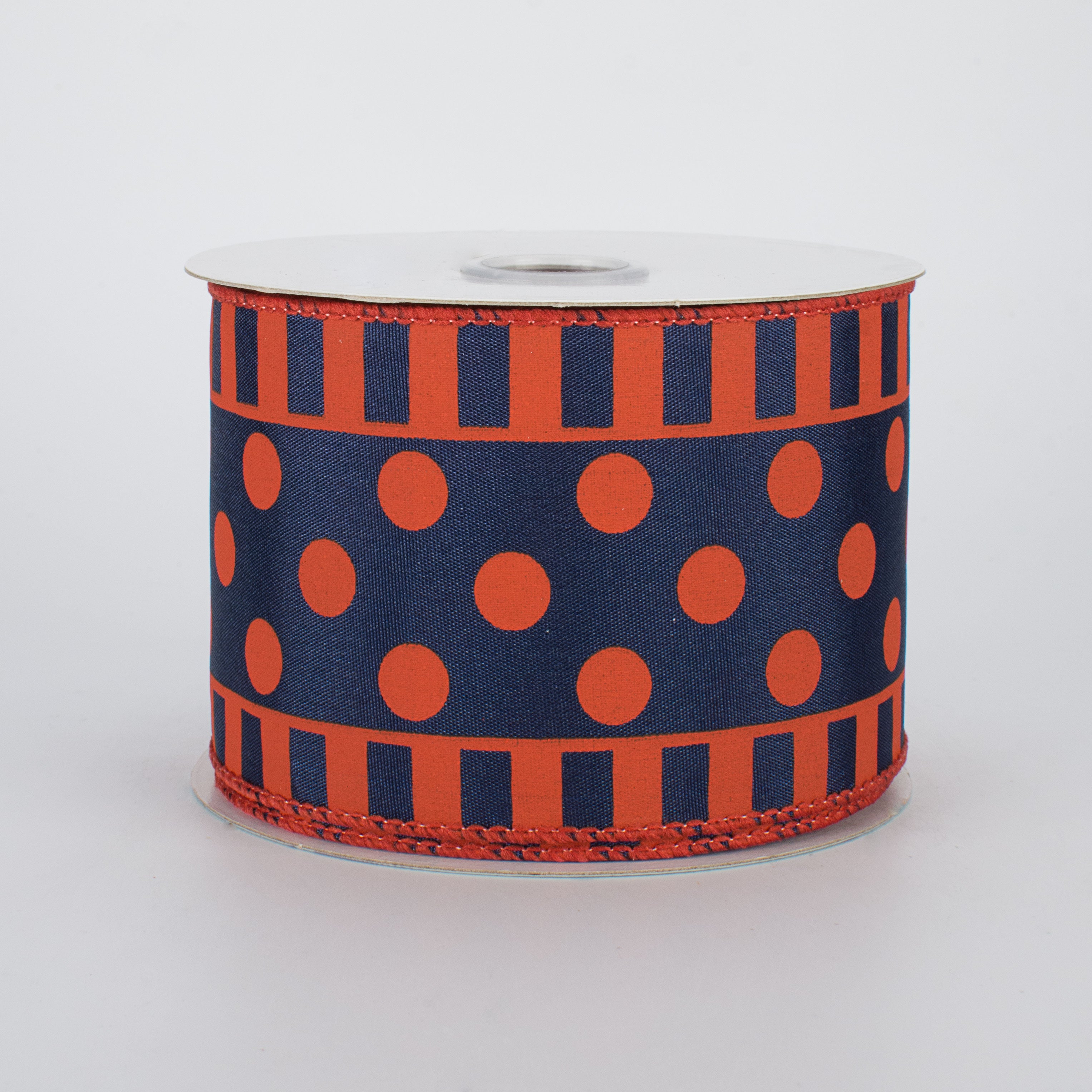 2.5" Dots & Stripes Satin Ribbon: Navy Blue & Orange (10 Yards)
