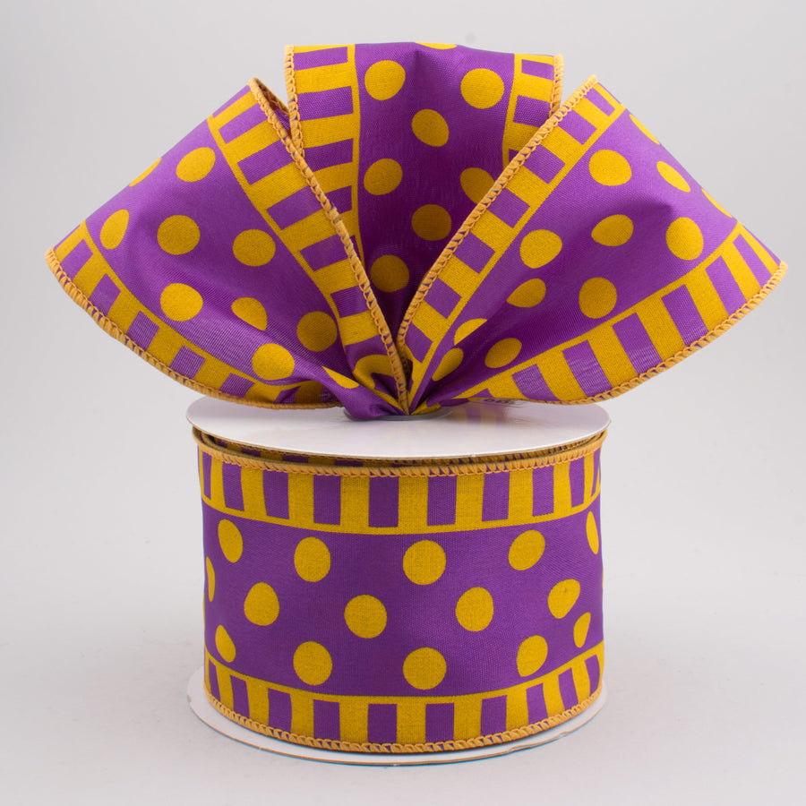 2.5" Dots & Stripes Satin Ribbon: Purple & Gold (10 Yards) Lifestyle Photo