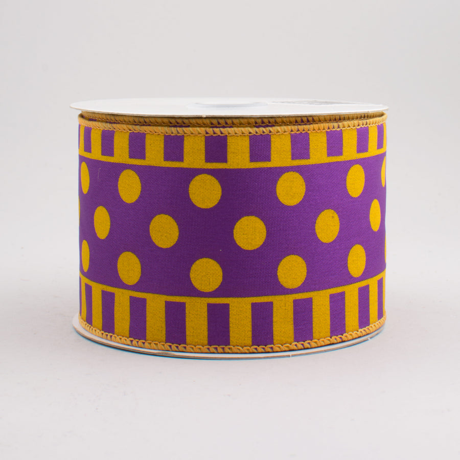 2.5" Dots & Stripes Satin Ribbon: Purple & Gold (10 Yards)