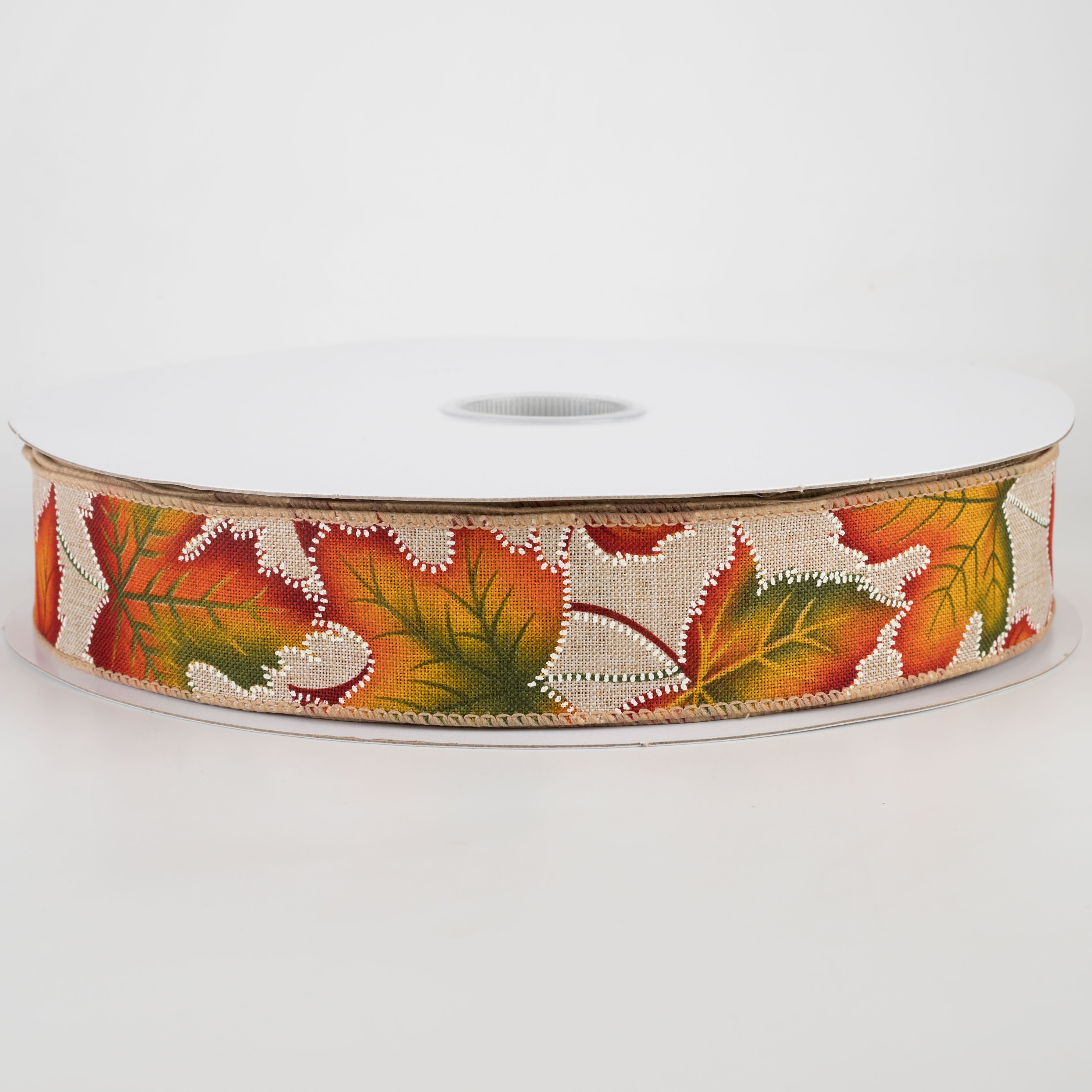 1.5" Dotted Fall Leaves Ribbon: Natural (50 Yards)