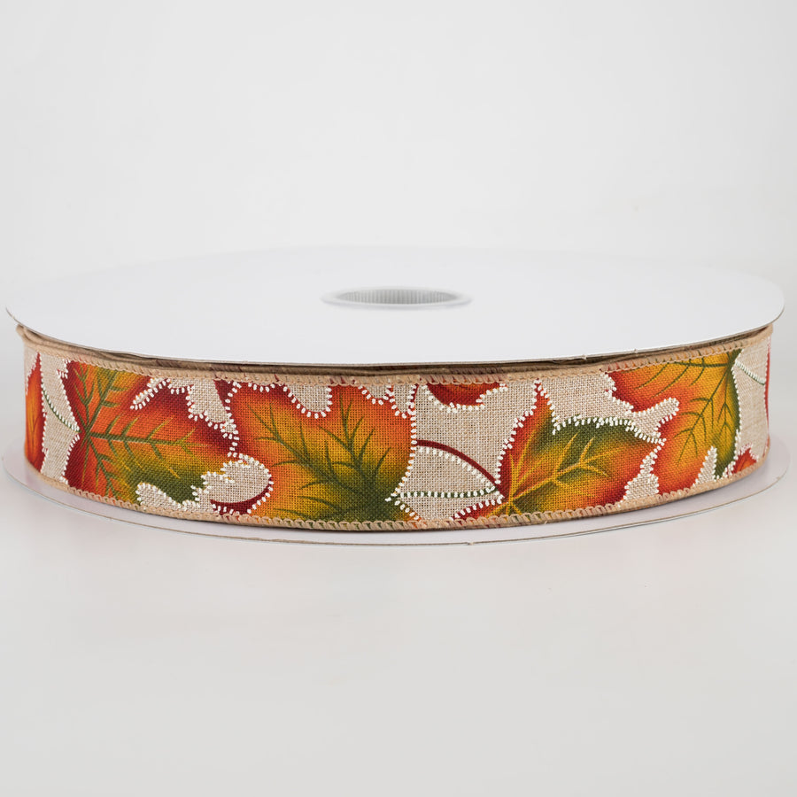 1.5" Dotted Fall Leaves Ribbon: Natural (50 Yards)