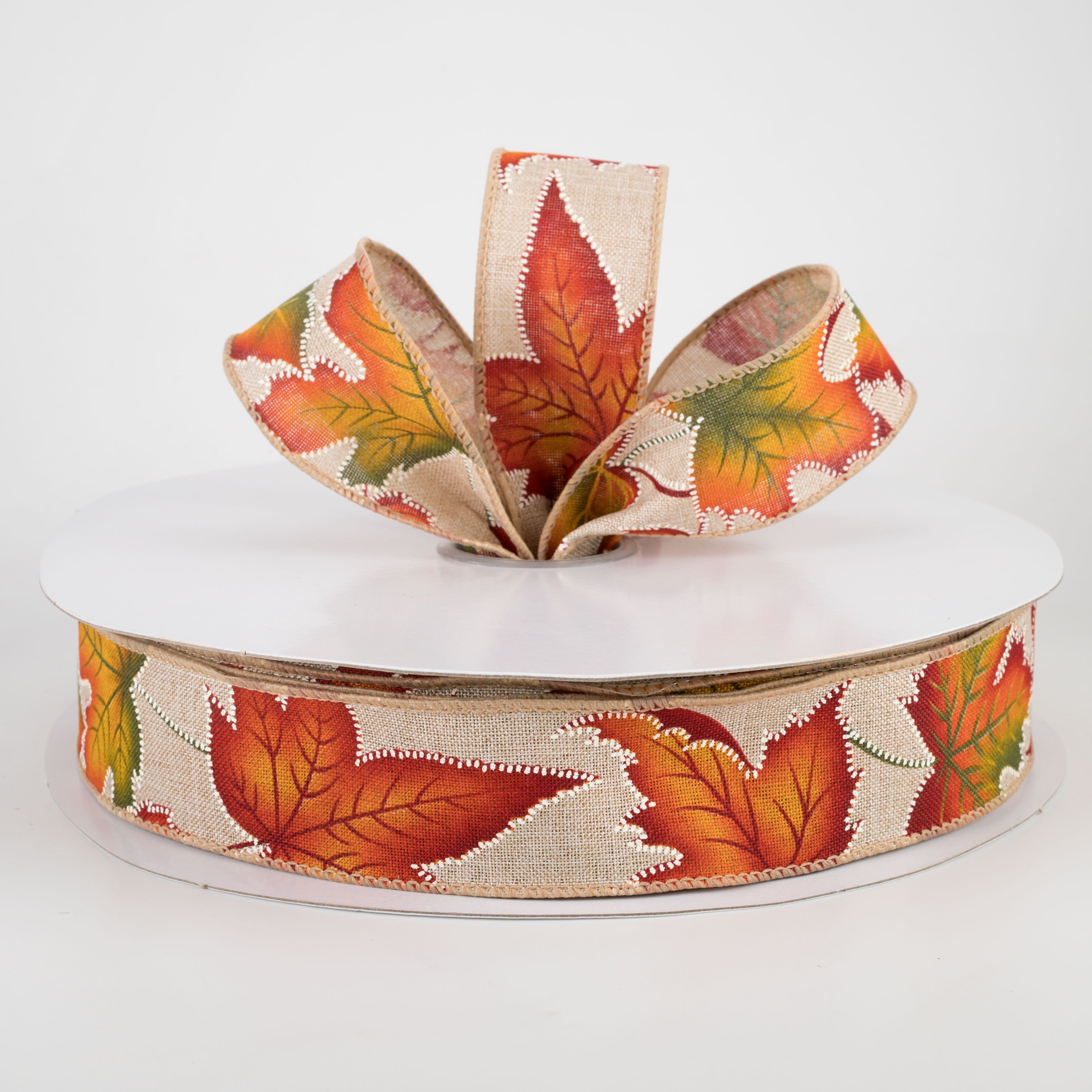 1.5" Dotted Fall Leaves Ribbon: Natural (50 Yards) Lifestyle Photo