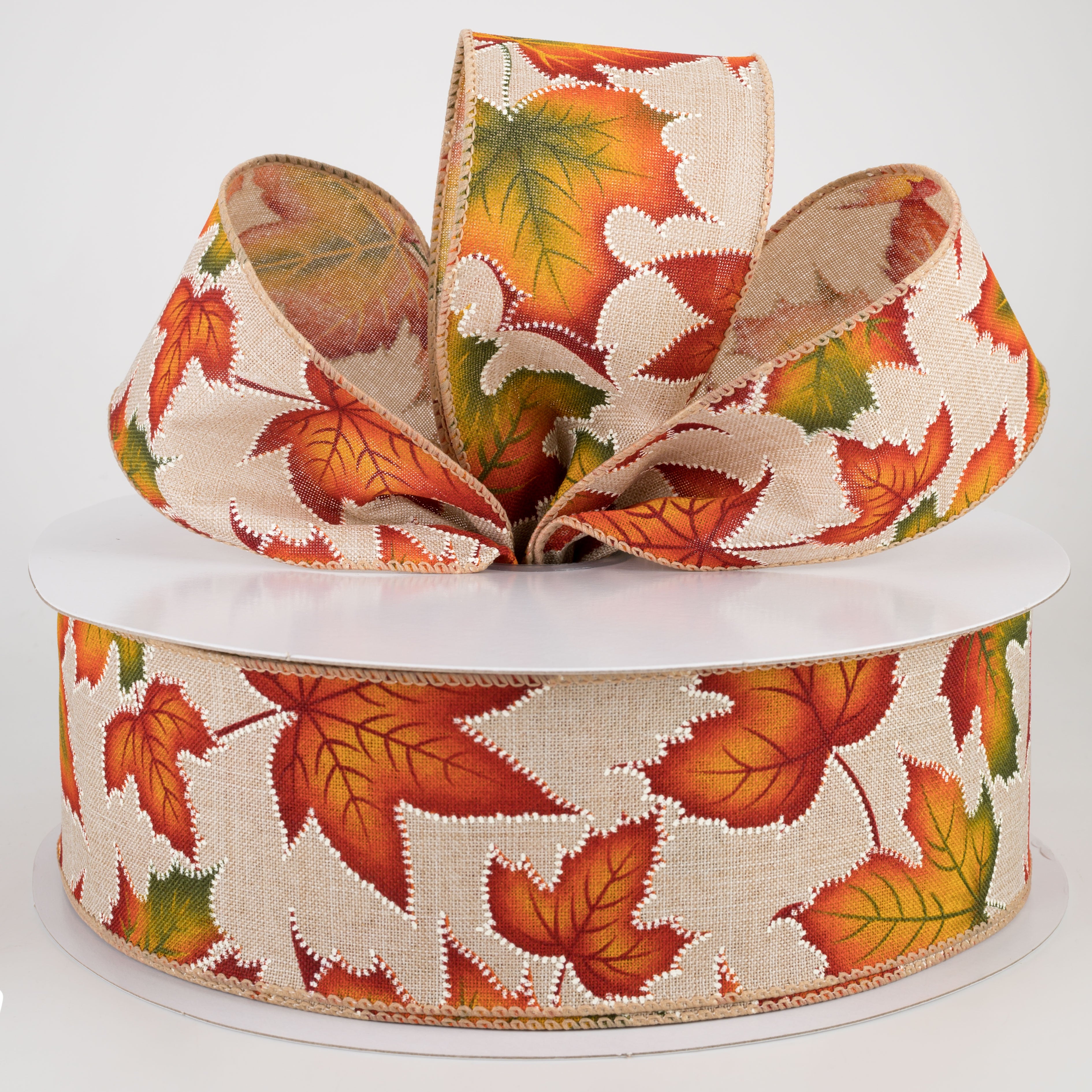 2.5" Dotted Fall Leaves Ribbon: Natural (50 Yards) Lifestyle Photo