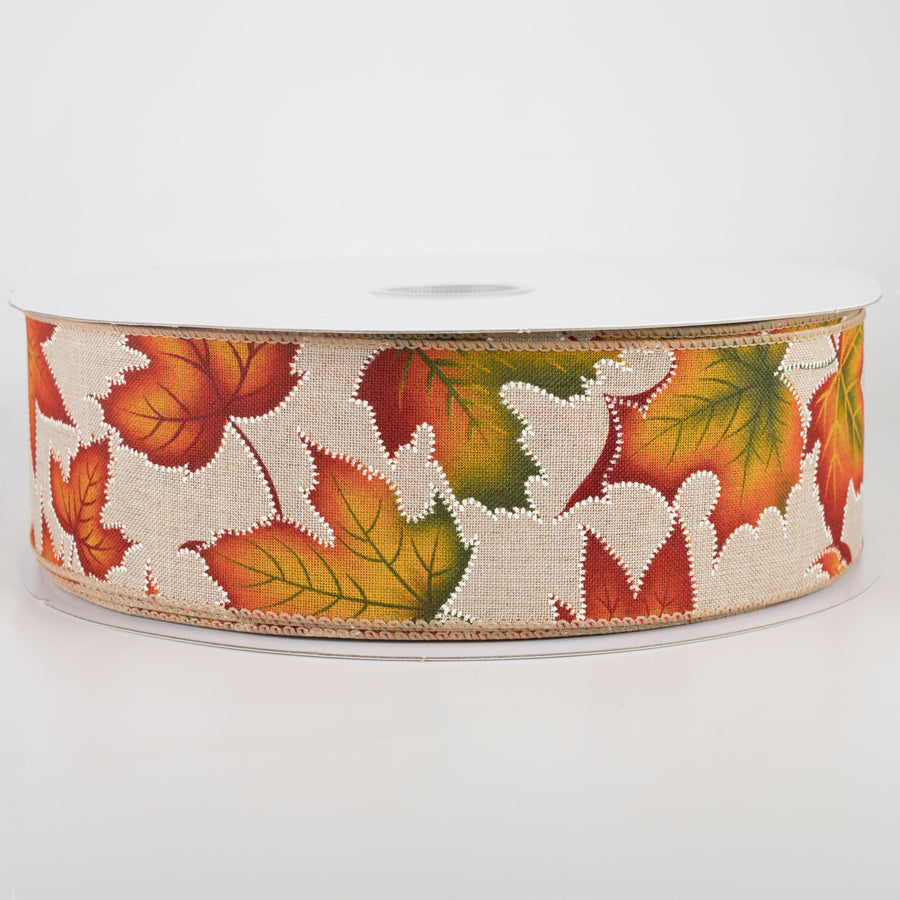2.5" Dotted Fall Leaves Ribbon: Natural (50 Yards)