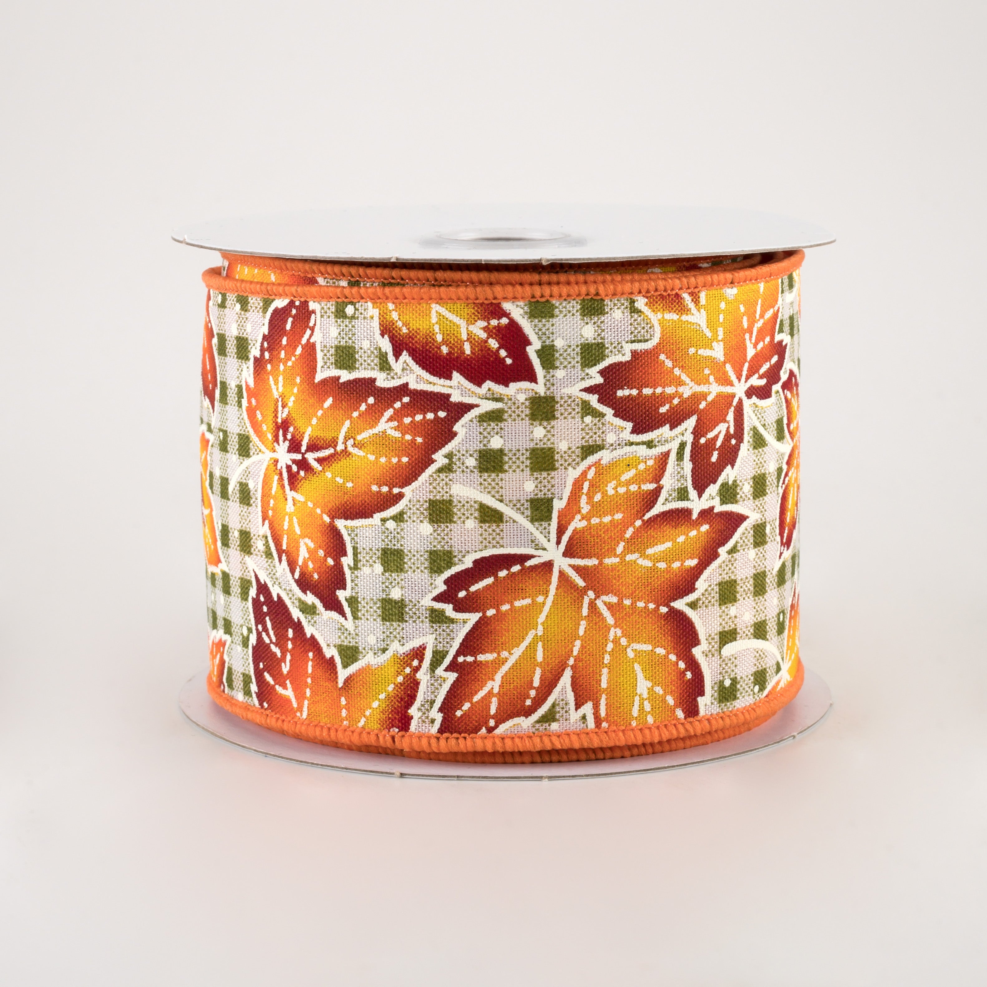 2.5" Dotted Leaves Gingham Ribbon: Moss & White (10 Yards)