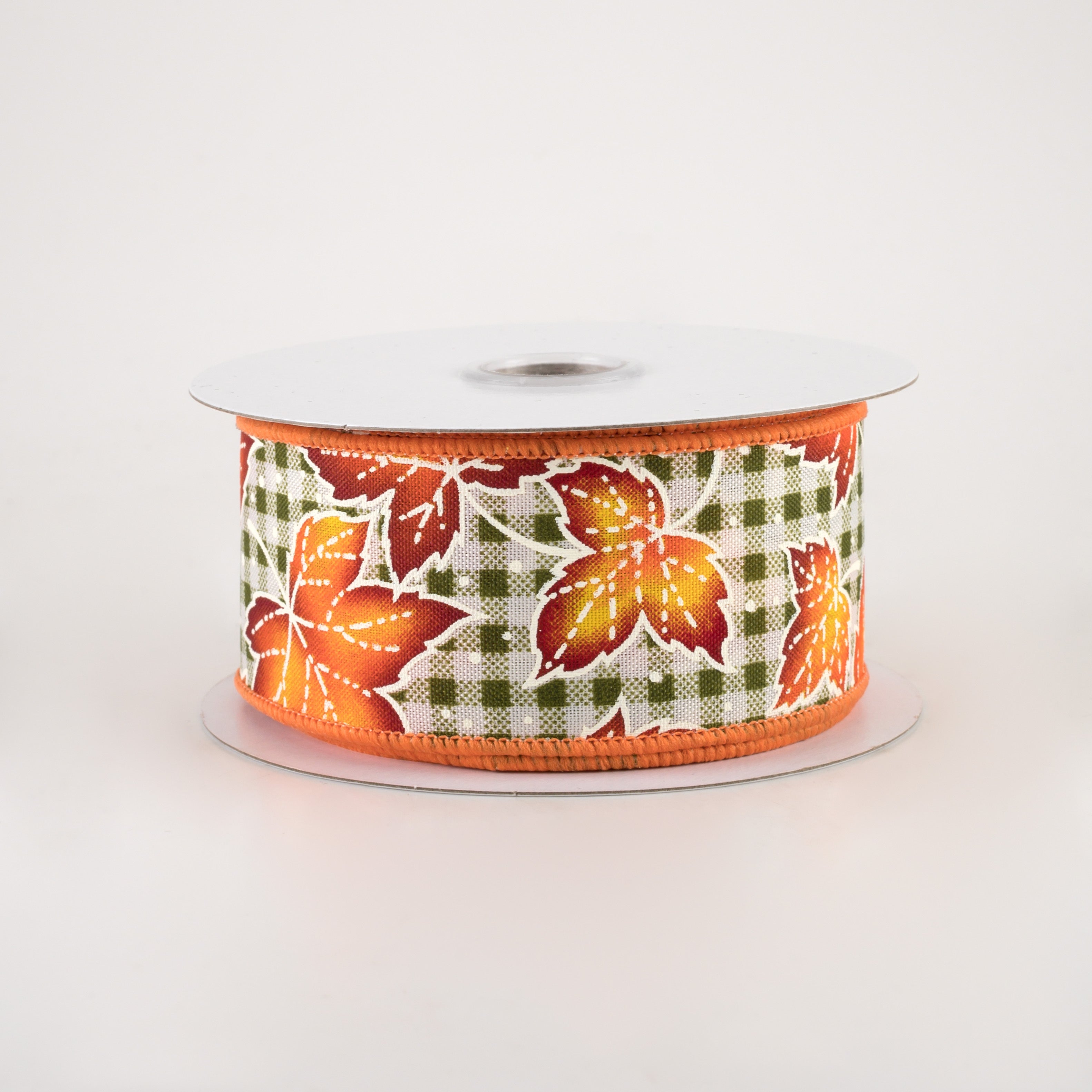 1.5" Dotted Leaves Gingham Ribbon: Moss & White (10 Yards)