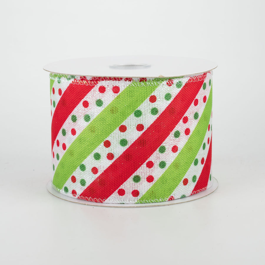 2.5" Dotty Stripe Christmas Ribbon: Red, Lime, White (10 Yards)