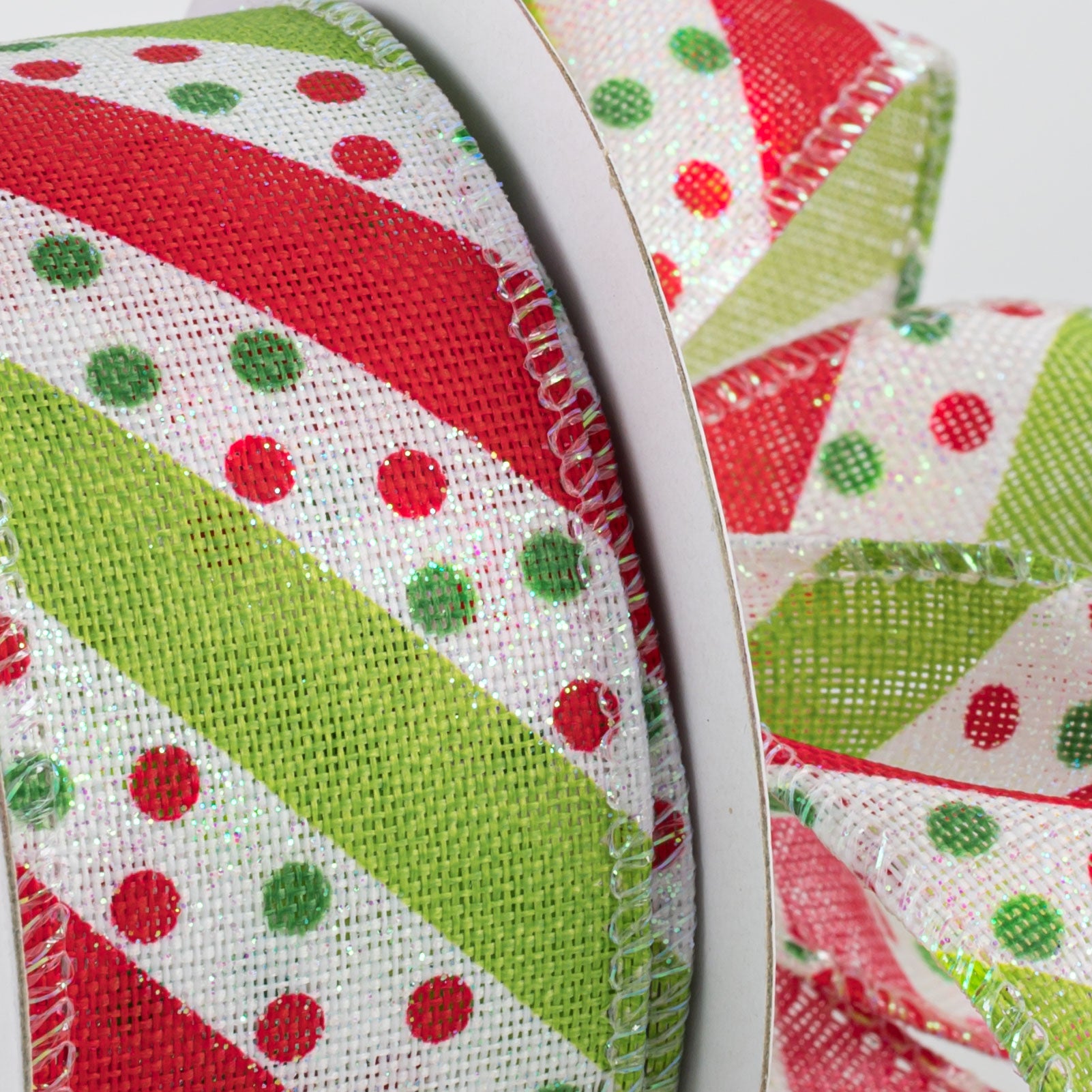 1.5" Dotty Stripe Christmas Ribbon: Red, Lime, White (10 Yards) detail photo 3