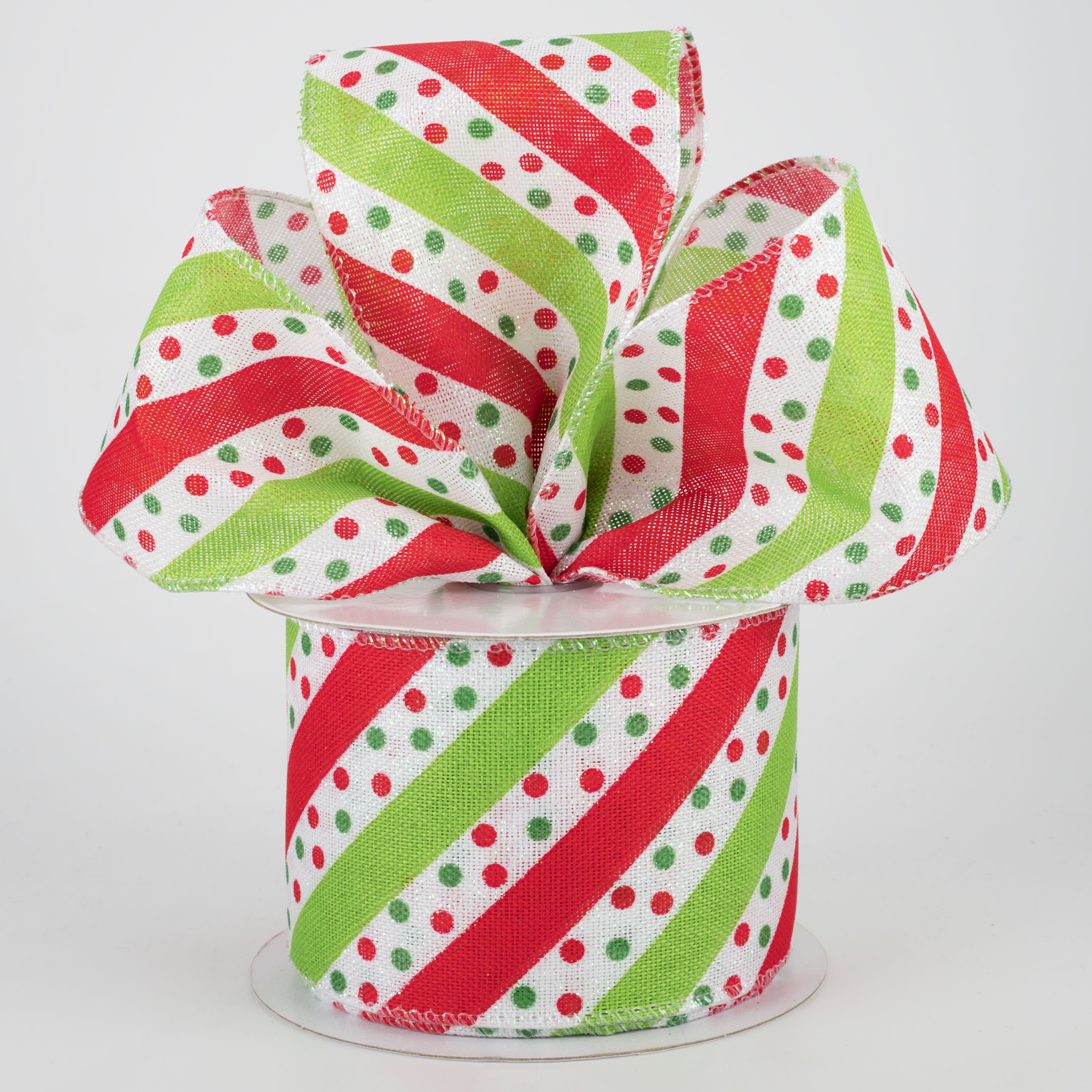 2.5" Dotty Stripe Christmas Ribbon: Red, Lime, White (10 Yards) Lifestyle Photo