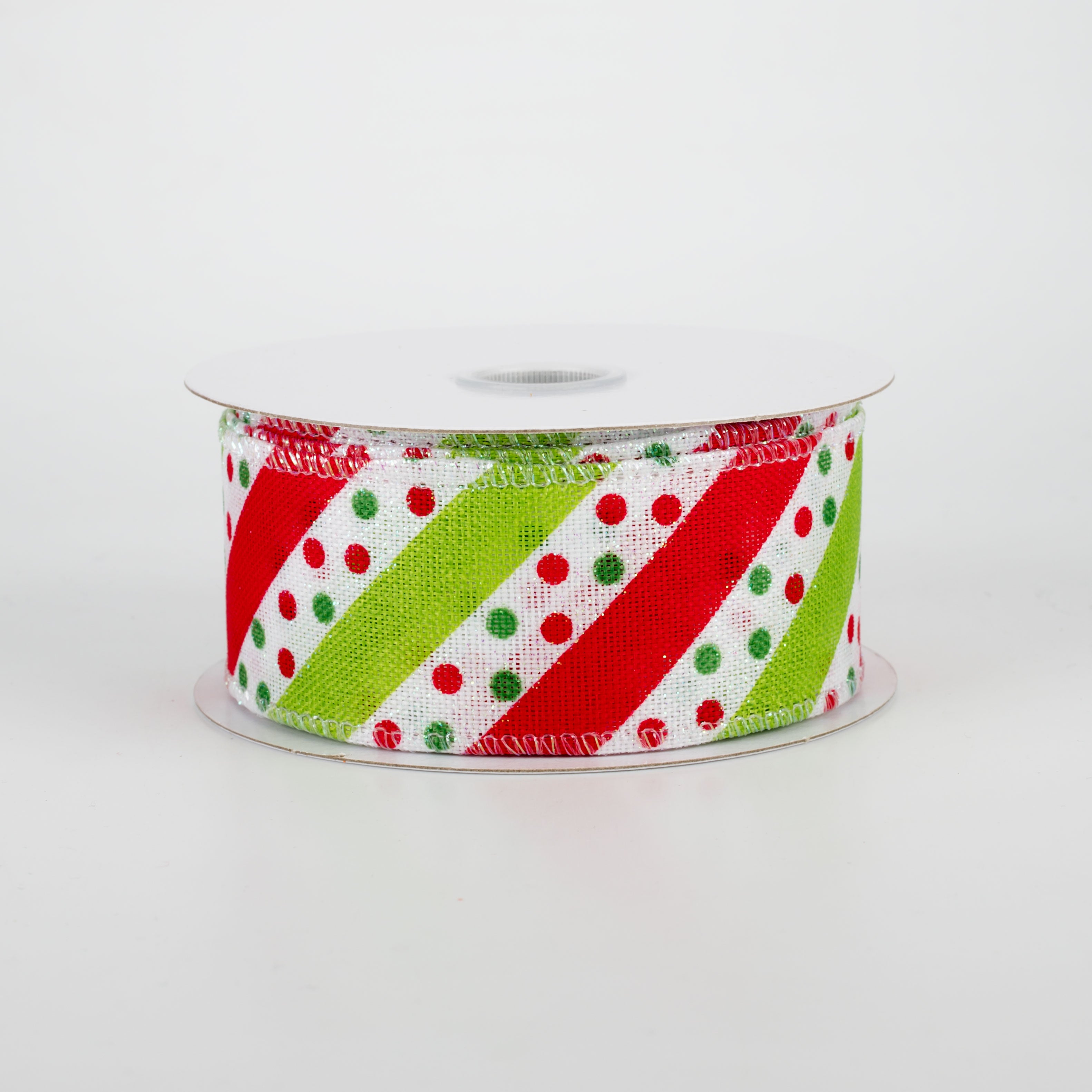1.5" Dotty Stripe Christmas Ribbon: Red, Lime, White (10 Yards)