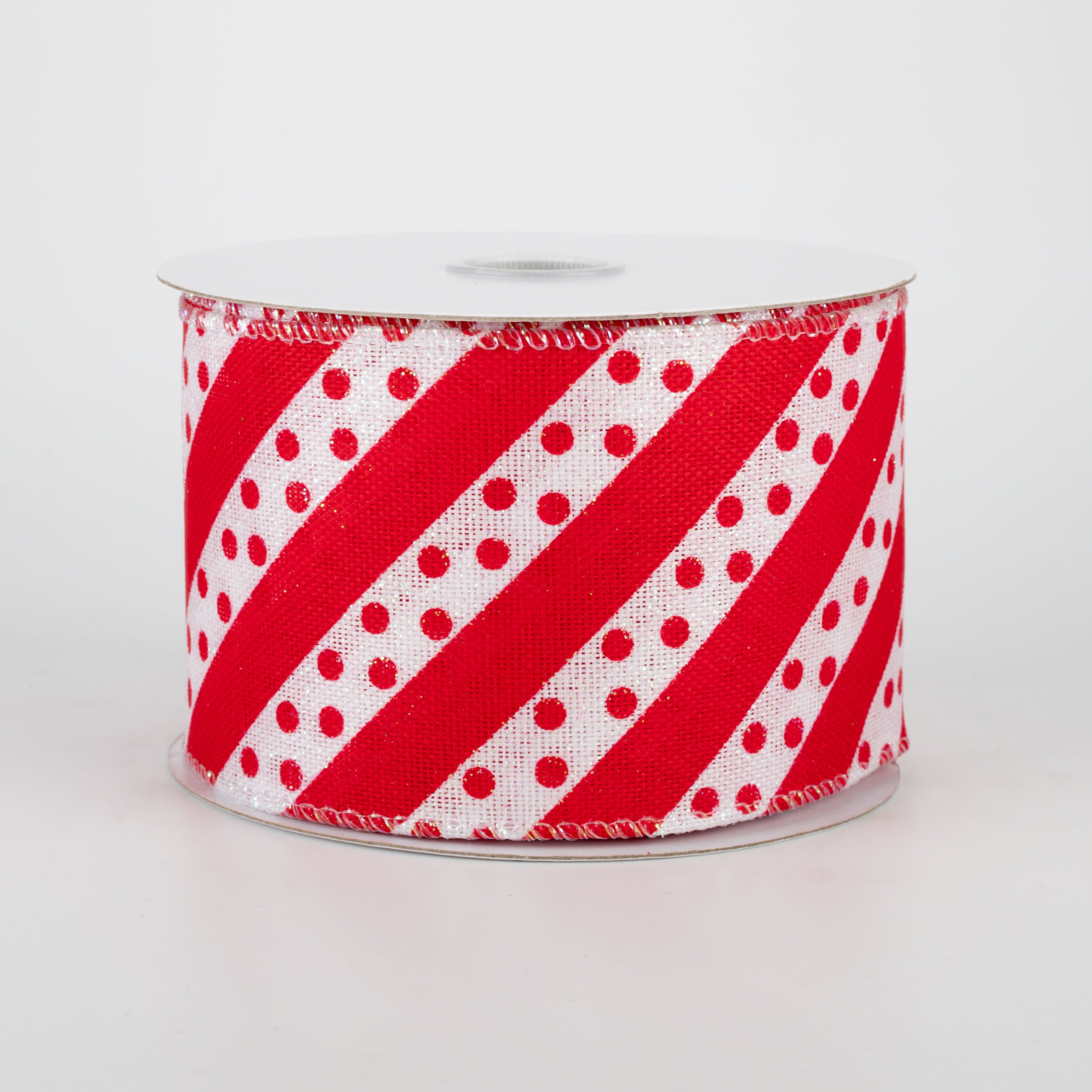 2.5" Dotty Stripe Christmas Ribbon: Red & White (10 Yards)
