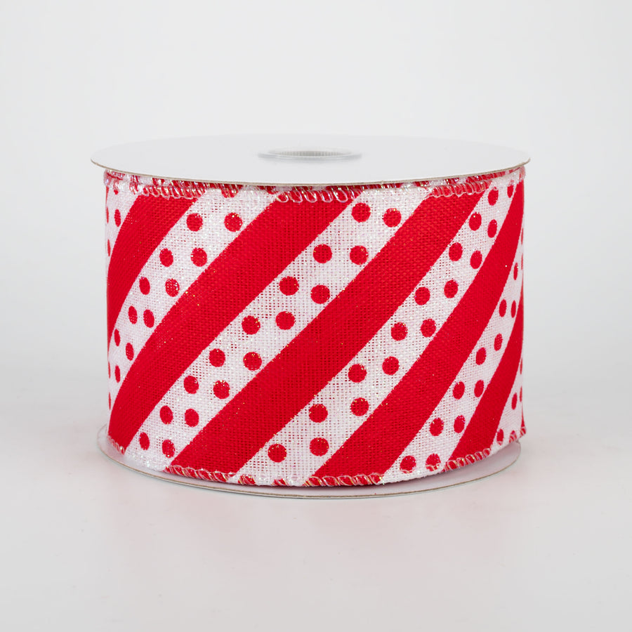 2.5" Dotty Stripe Christmas Ribbon: Red & White (10 Yards)