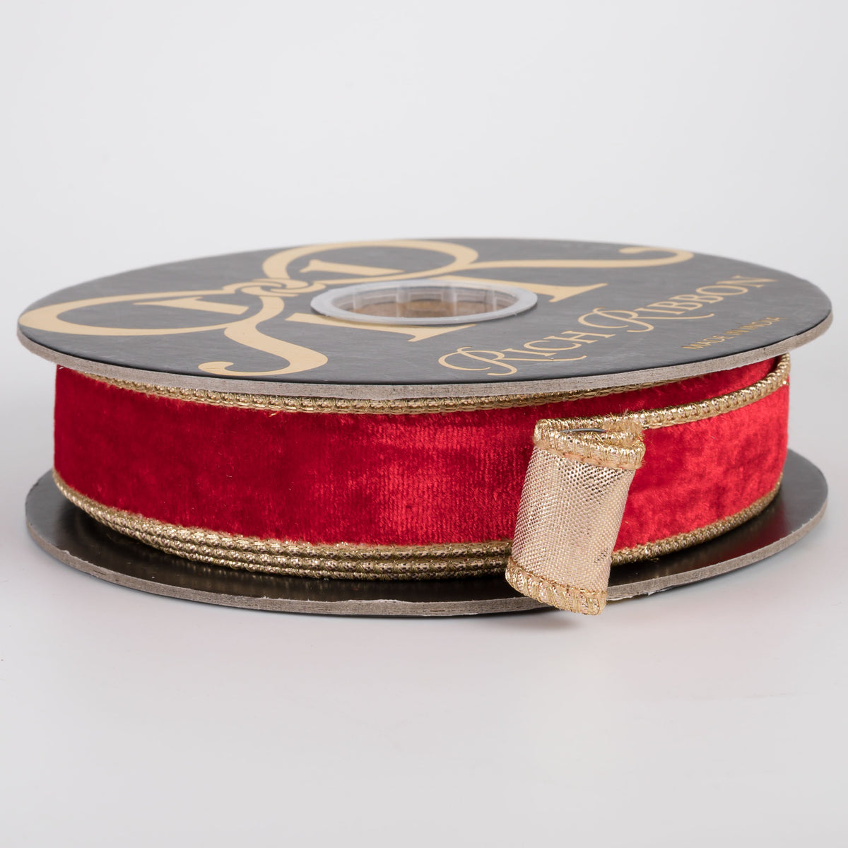 1" Double Fused Sheldon Velvet & Metallic Dupioni Ribbon: Christmas Red & Gold (10 Yards) Item Number: RR0111