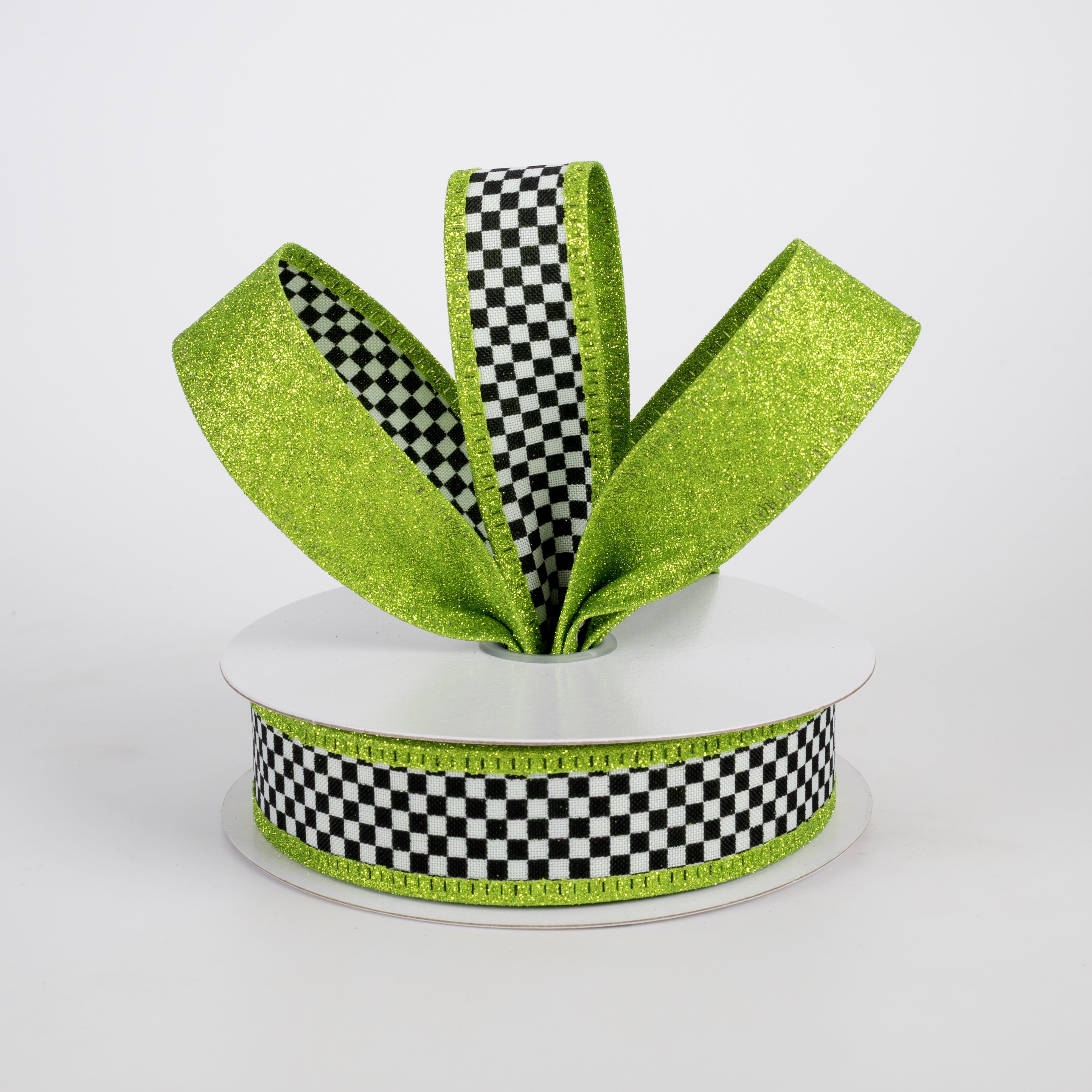 1" Double Sided Black & White Check Glitter Ribbon: Lime Green (10 Yards) Lifestyle Photo