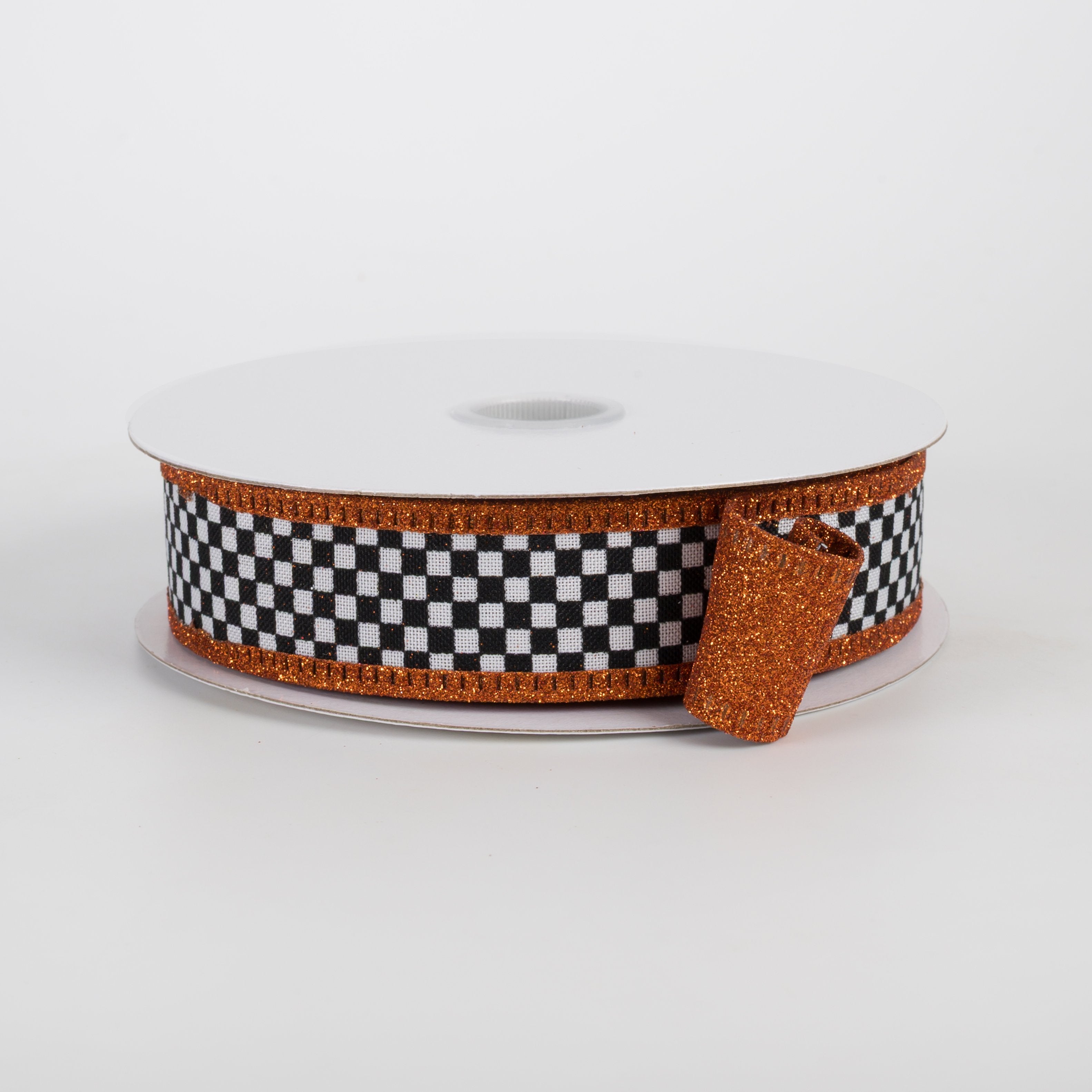 1" Double Sided Black & White Check Glitter Ribbon: Orange (10 Yards) Item Number: D56614-10-19
