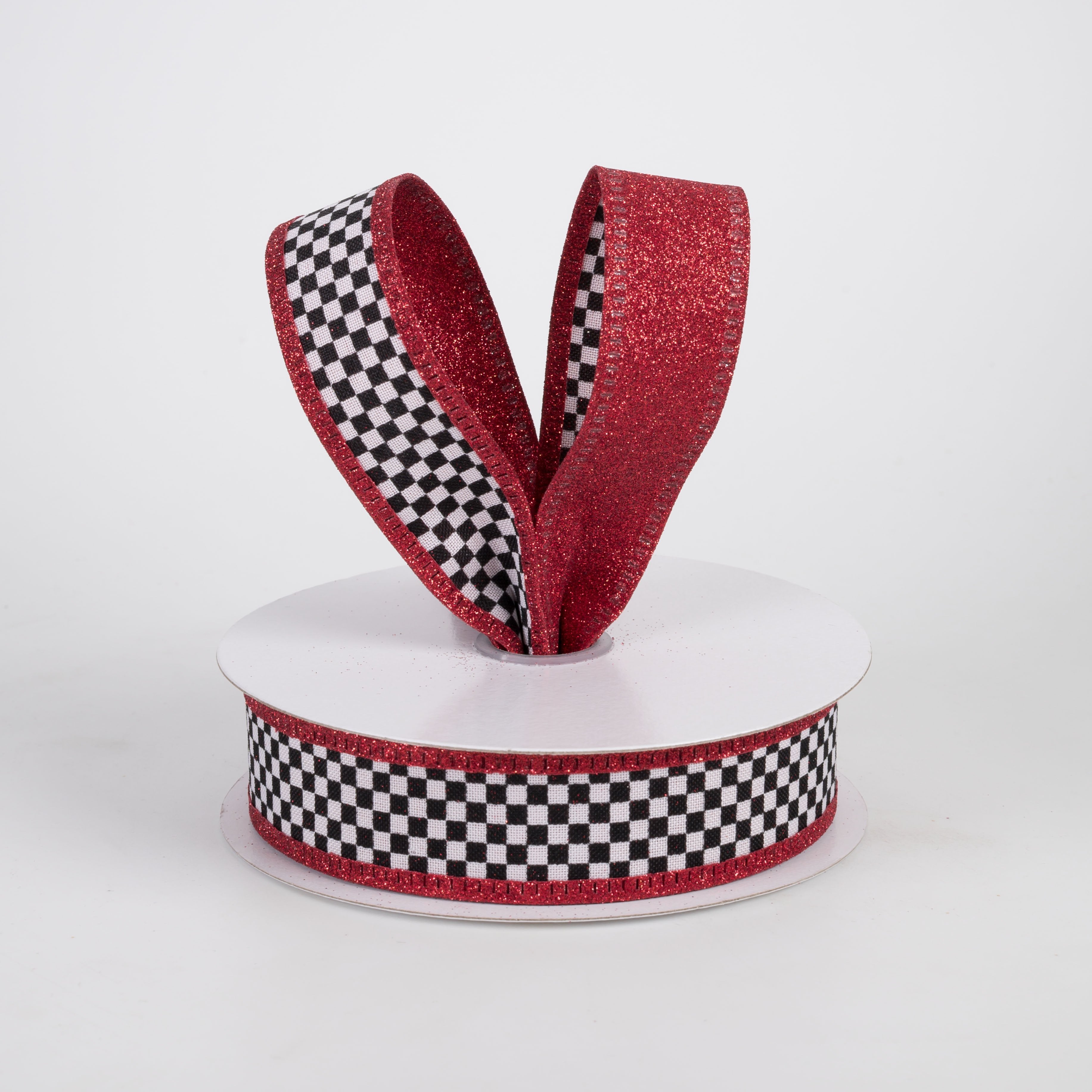 1" Double Sided Black & White Check Glitter Ribbon: Red (10 Yards) Lifestyle Photo