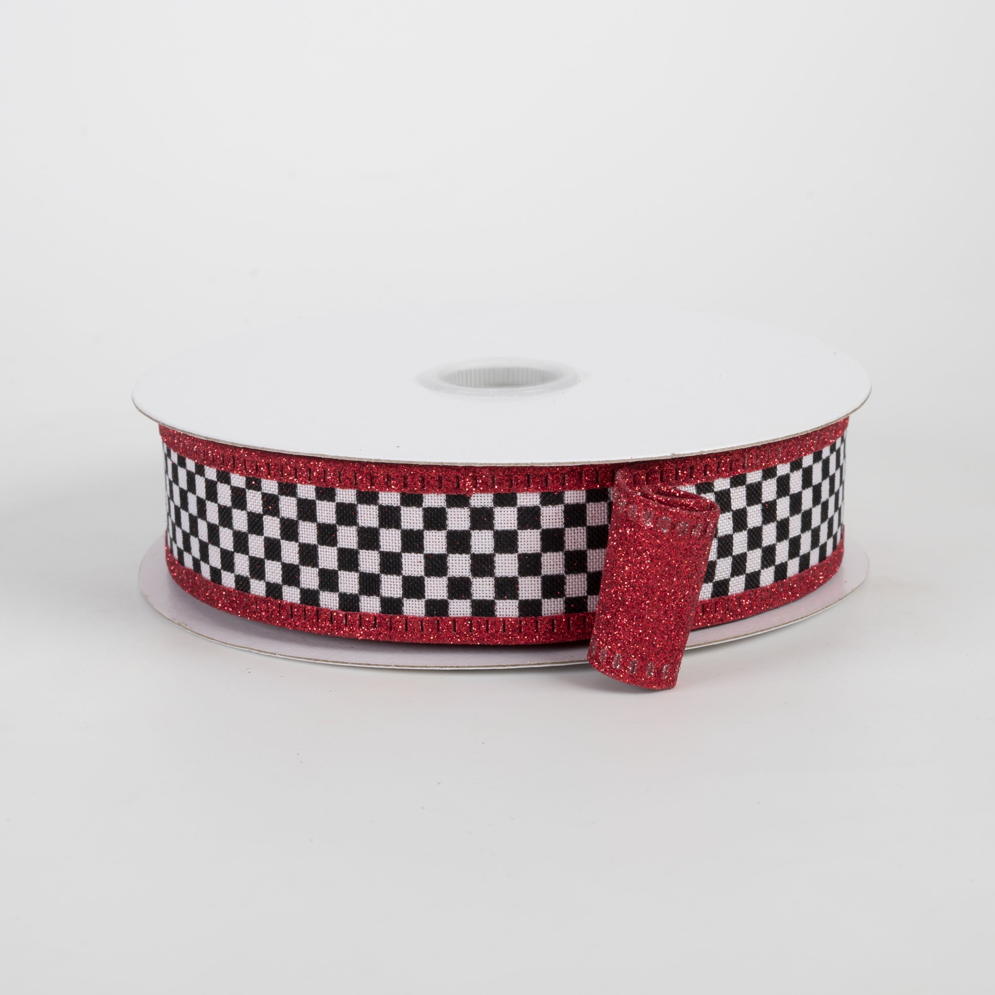 1" Double Sided Black & White Check Glitter Ribbon: Red (10 Yards) Item Number: D56614-10-12