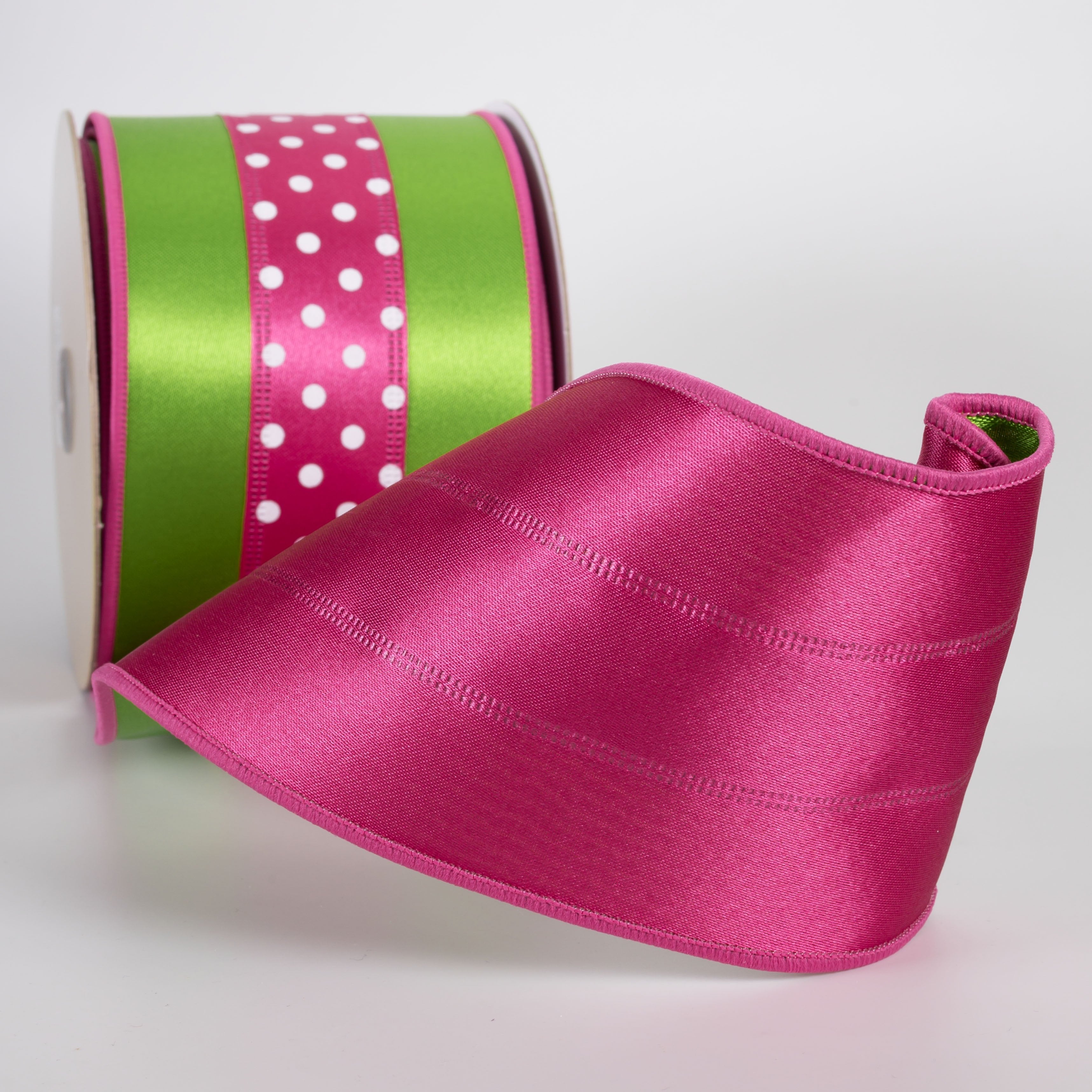 4" Double Sided Fused 3-in-1 Polka Dot Ribbon: Fresh Green & Hot Pink (10 Yards) detail photo 3