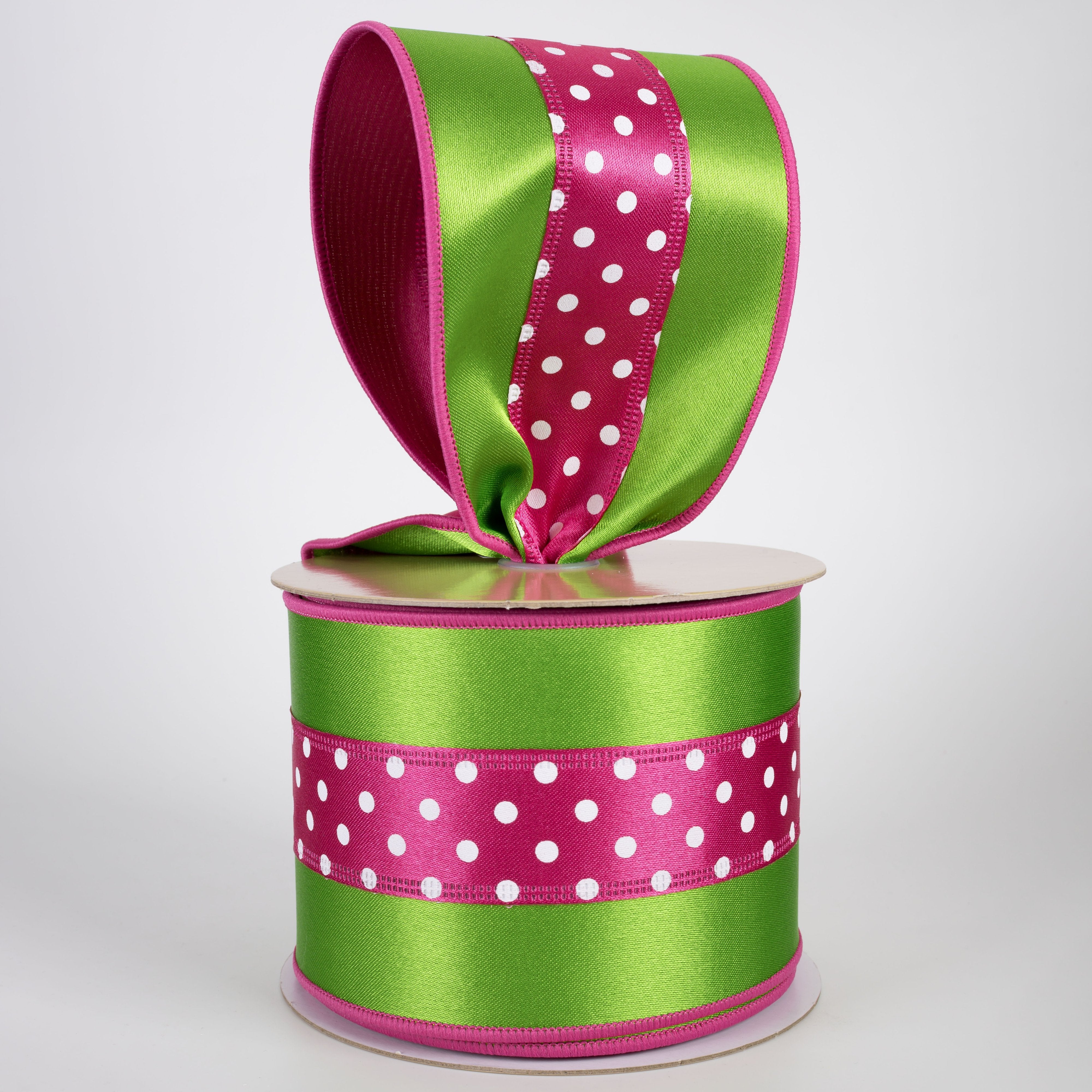 4" Double Sided Fused 3-in-1 Polka Dot Ribbon: Fresh Green & Hot Pink (10 Yards) Lifestyle Photo